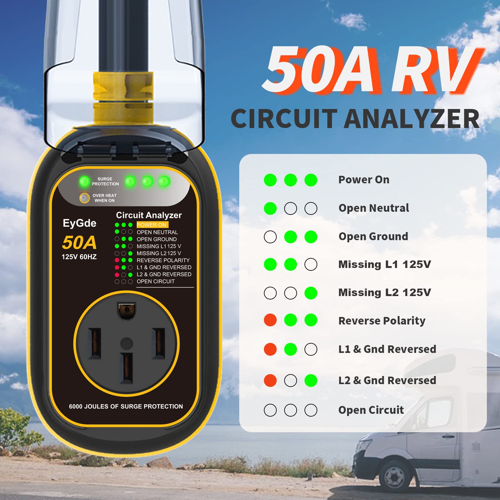 Eygde Rv Surge Protector 50 Amp Waterproof - 50A Rv Analyzer Voltage Protection Power Guard For Camper Travel Trailer, Yellow