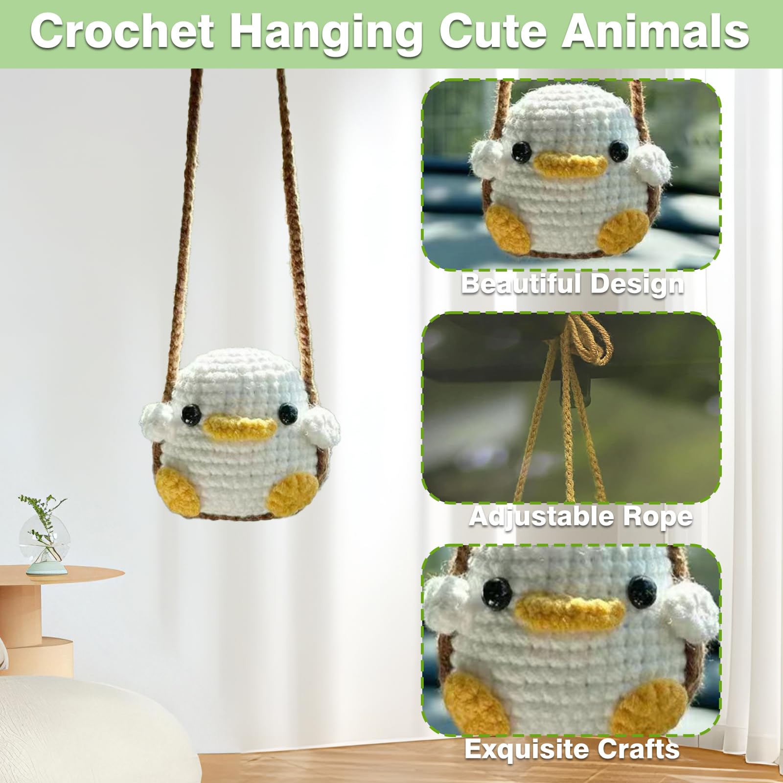 Crochet Swinging Duck Car Mirror Hanging Accessories, Cute Car Decorations For Women Aesthetic, Handmade Knitted Rearview Mirror