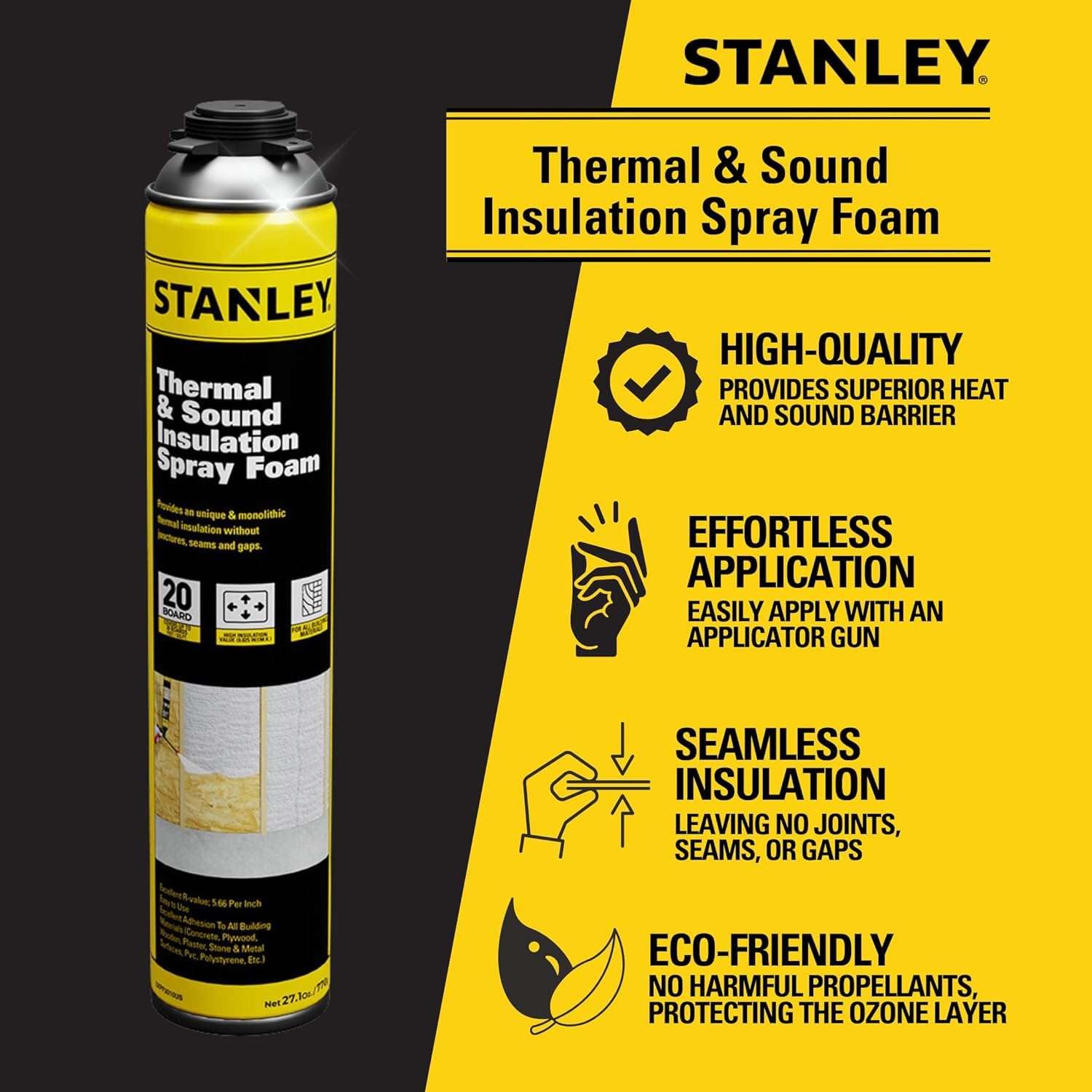 STANLEY F 990P Closed Cell Spray Foam Insulation Kit, 27.1 oz, 6 Pack, Polyurethane Foam, Covers Up to 120 Sq.Ft., Includes Gun &