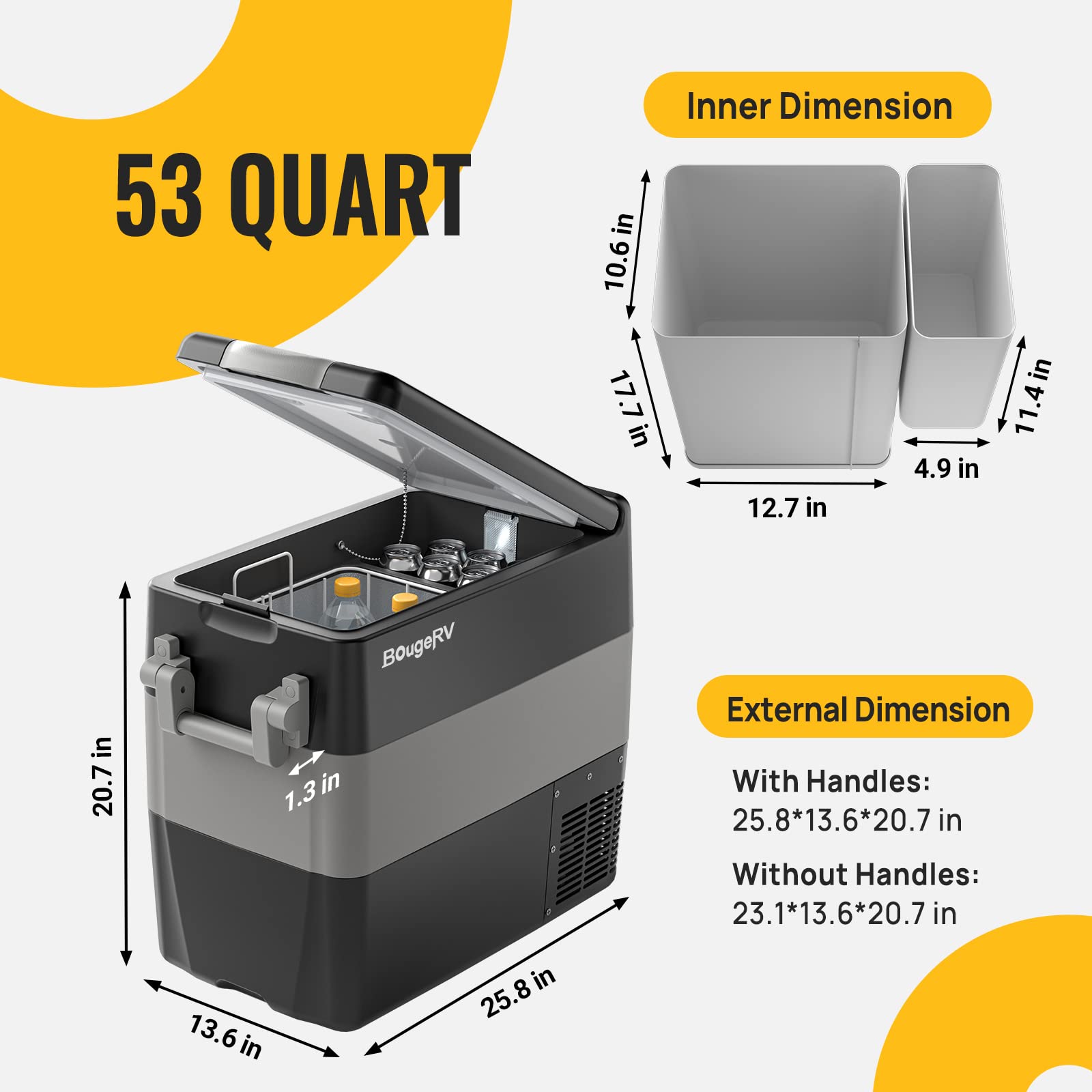 Bougerv 12V Portable Refrigerator 53 Quart Car Freezer Fridge Electric Cooler12V/24V Dc 110~240Volt Ac For Camping (Included: 53