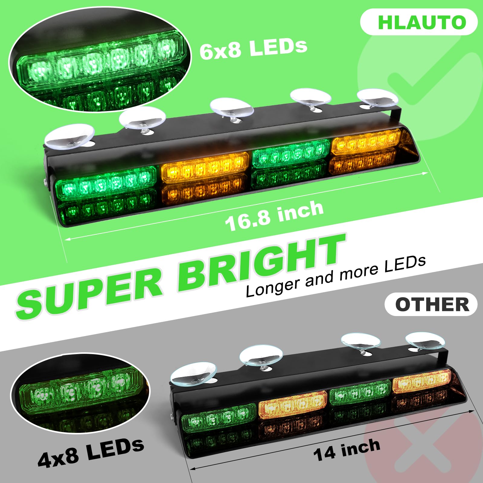 HLauto 6Z4J Emergency Dash Strobe Lights - 48 LED Green Amber Safety Light Bar for Trucks, ABS Case, 2x16.8 inch, Model CA-6Z4