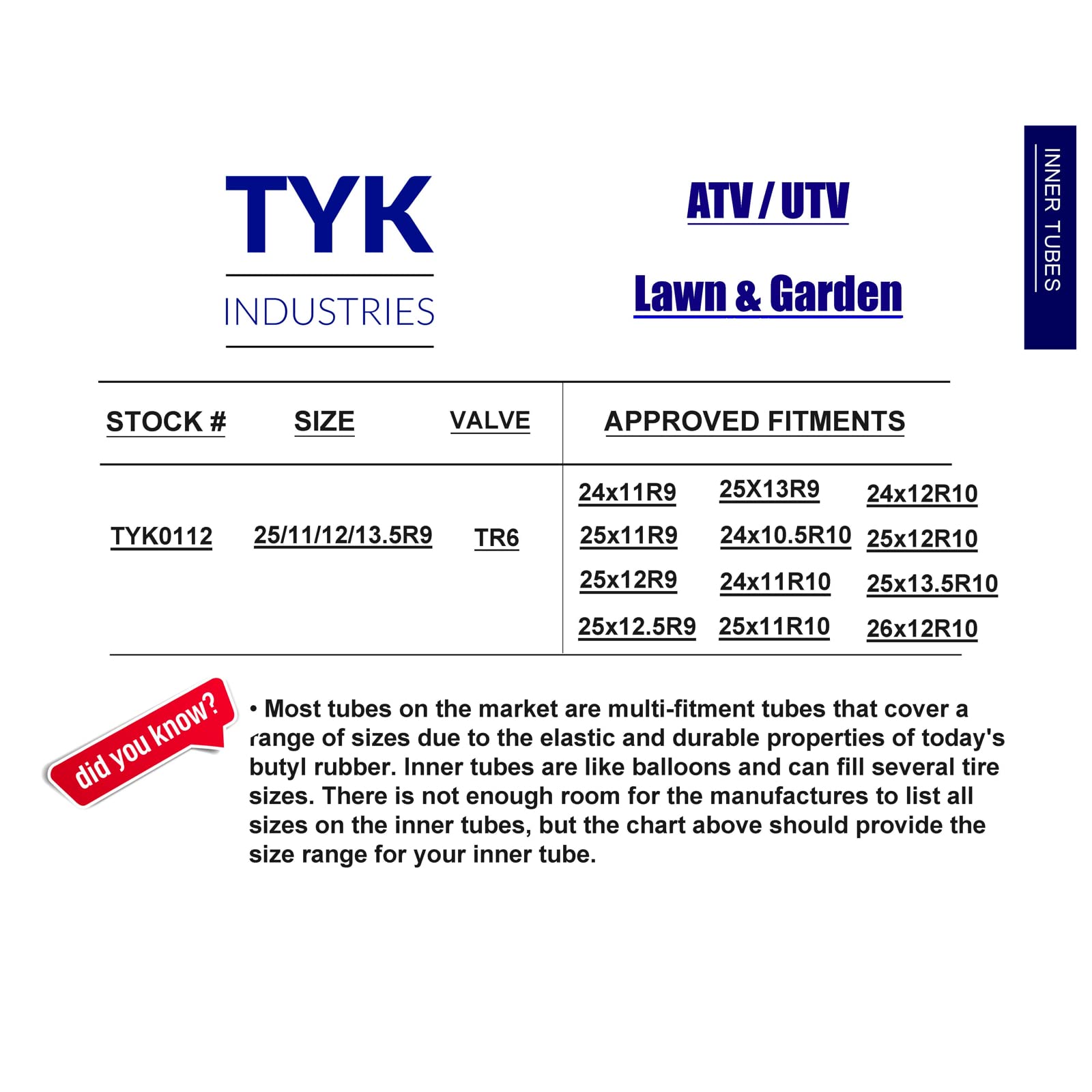 (2-Pack) Tyk Industries 25X13-9 Inner Tube For Atv And Utv, 25X13.00-9 Radial Or Bias Tire Inner Tube With Tr6 Valve Stem