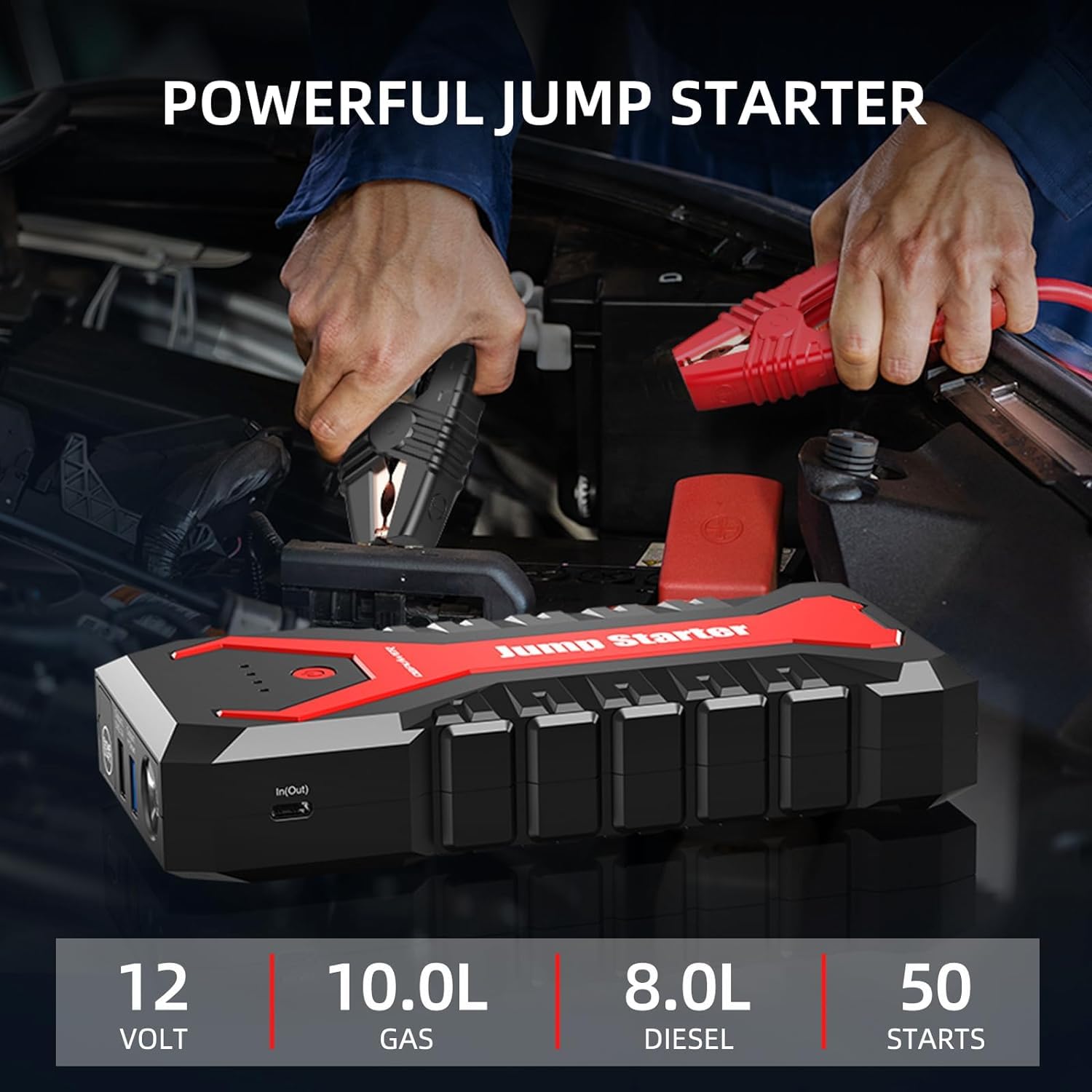 DBPOWER G16 Portable Car Jump Starter 3000A 12V Battery Booster, Quick Charge, LED, Compact, Red
