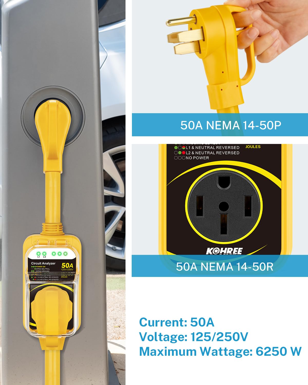 Kohree 50A RV Surge Protector - Waterproof Voltage Protection Adapter, Model KR6432, Yellow, 12000J for Travel Trailers & Campers