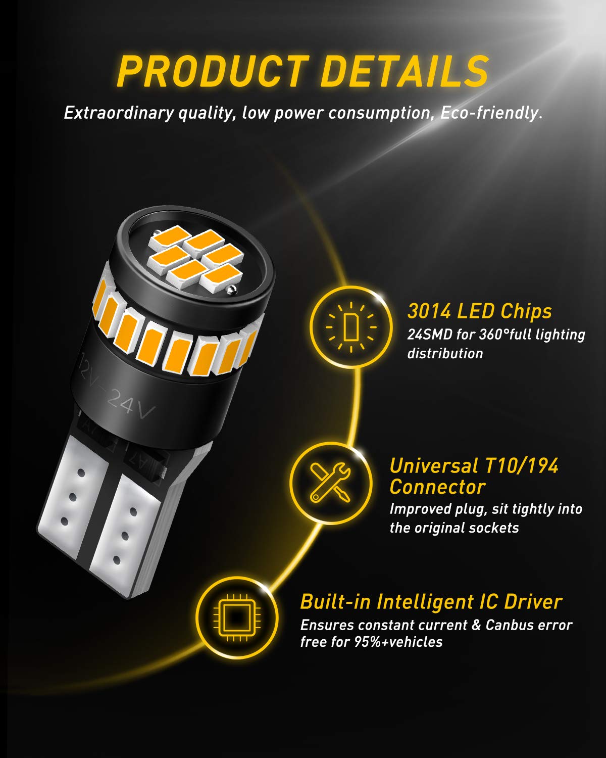 Auxito 194 Led Bulb Amber Yellow 168 2825 W5W T10 Wedge 24-Smd 3014 Chipsets Replacement Bulbs For Car Dome Map License Plate Co