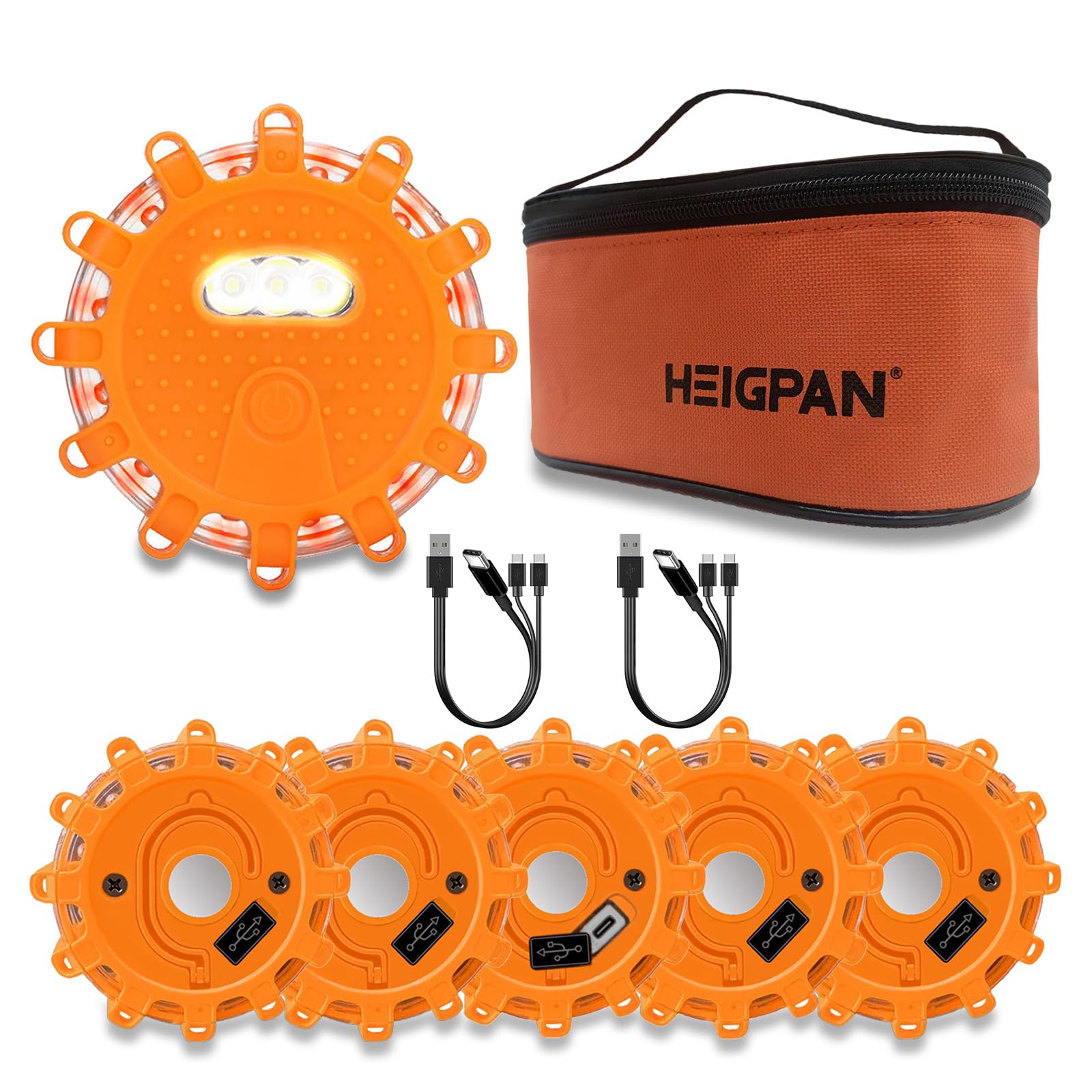 Heigpan Gp906B Road Flares Emergency Lights Kit With Rechargeable Usb-C Cable And Magnetic Base, Featuring 9 Flashing Modes For