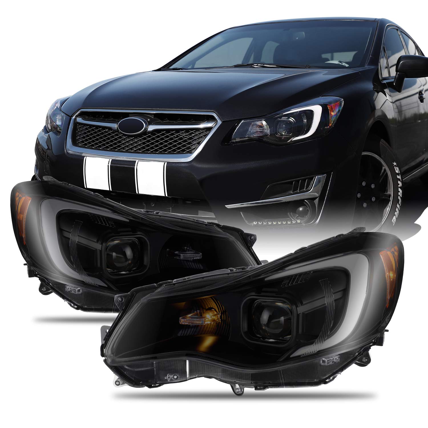 AKKON - For 2012-2016 Subaru Impreza / 2013-2015 XV Crosstrek Halogen Projector Black Smoked Headlights -w/Tube Parking