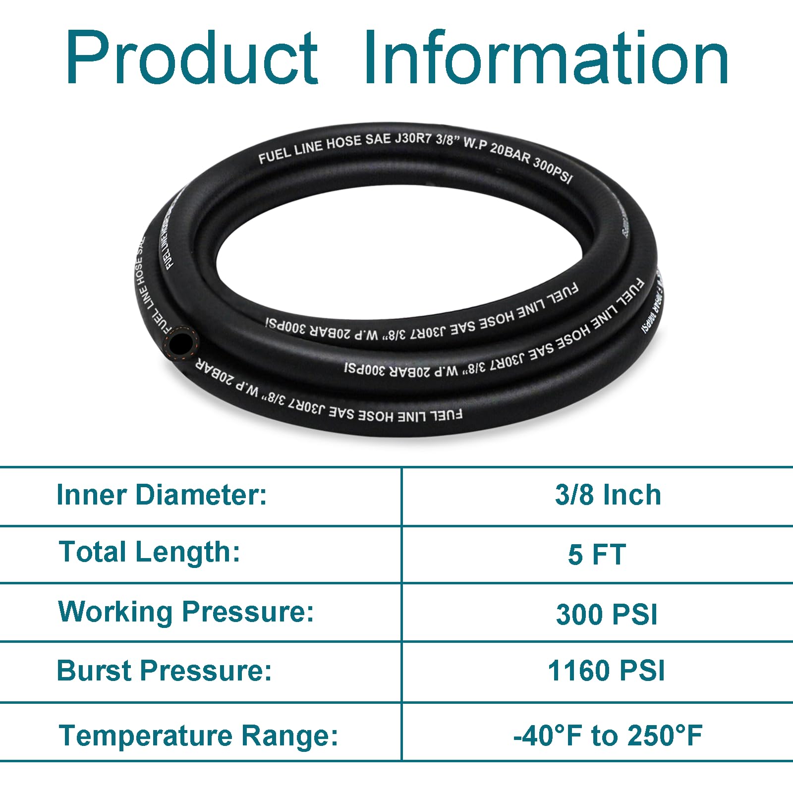 Housun Fuel Line 3/8 Inch Id, Fuel Hose 5Ft, J30R7 Fuel Line Hose Nbr With 4 Clamps.