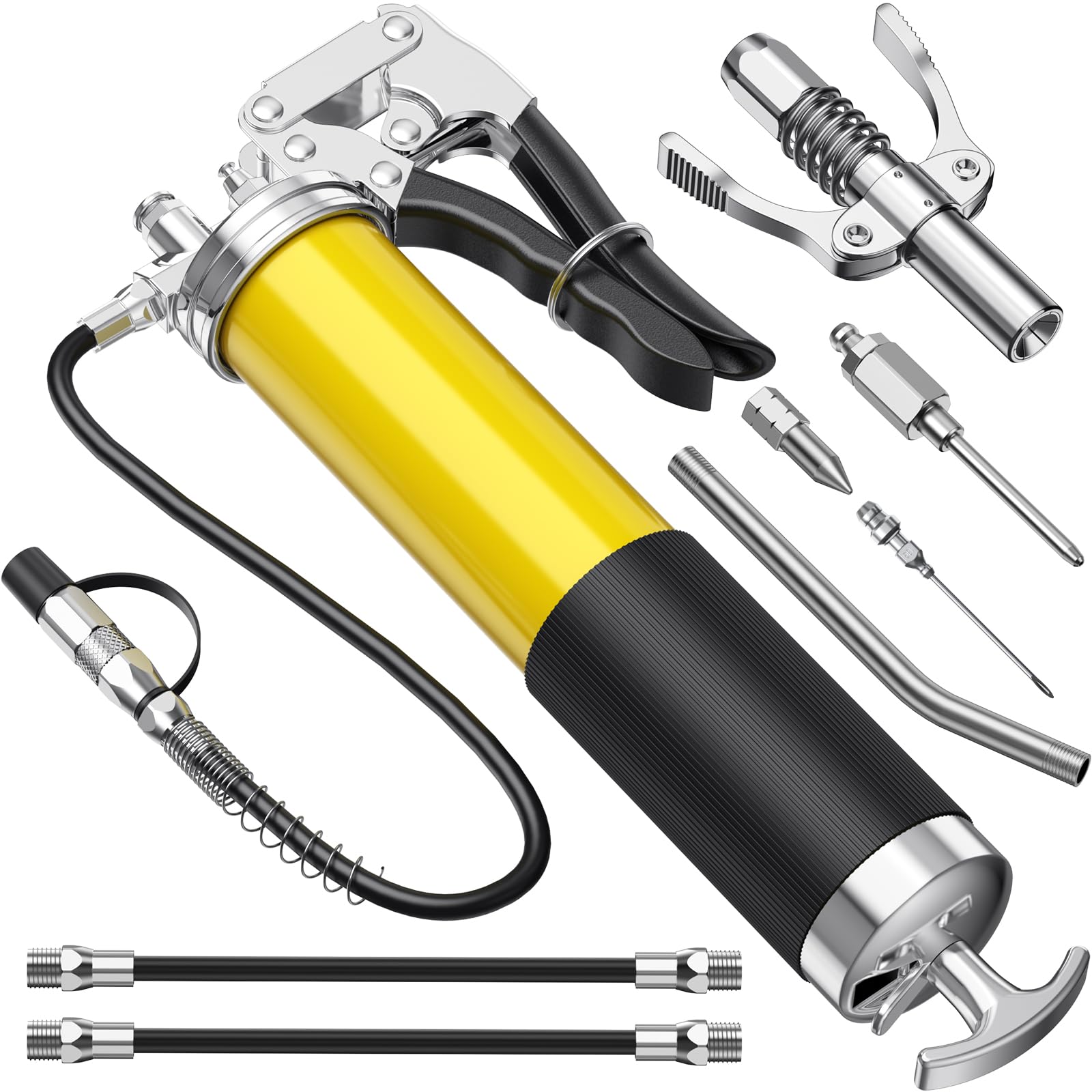 Fantictas Grease Gun Kit, 8000 Psi Leak-Proof Pistol Grip Grease Gun With Lock Coupler, 18'' Spring Flex Hose, 14Oz Load, 2 Stan