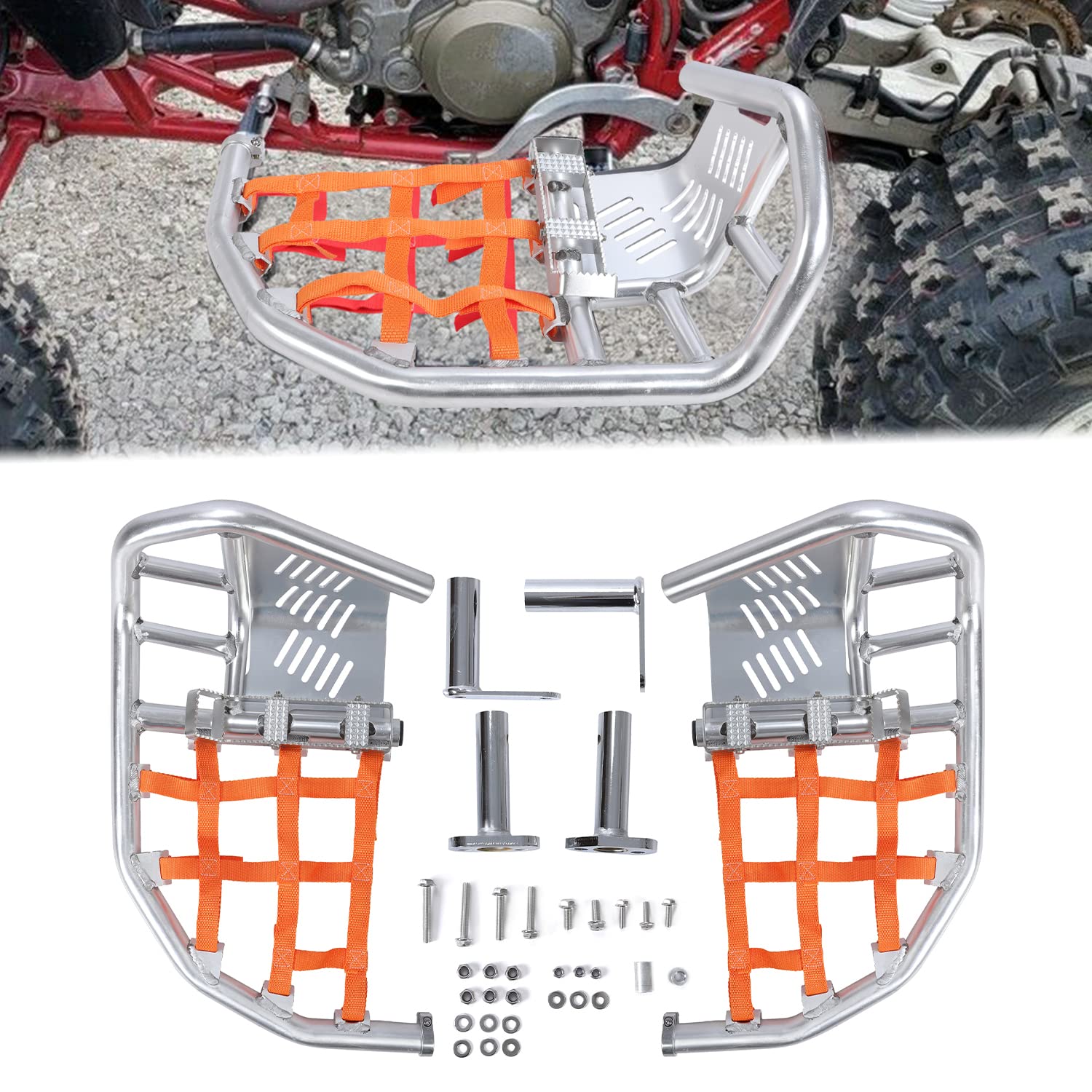 HECASA Nerf Bars Foot Pegs Heel Guards Compatible with All Years Honda TRX 450R 450ER (Silver Nerf + Orange Nets)