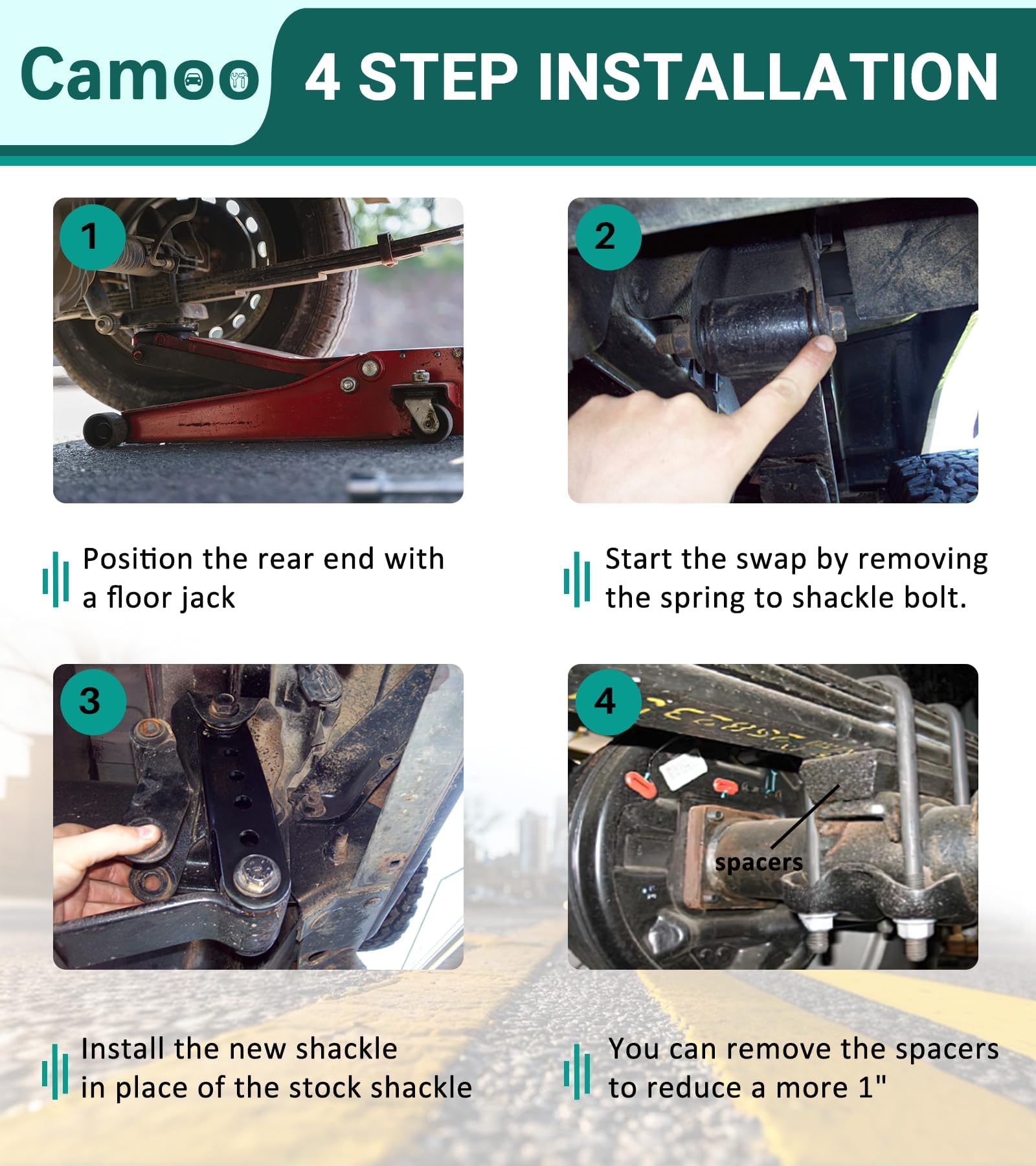 Camoo Suspension Rear Drop Shackles Kit for Chevy Silverado & GMC Sierra 1500, Alloy Steel, Model BZ41445A, 2-3" Lowering