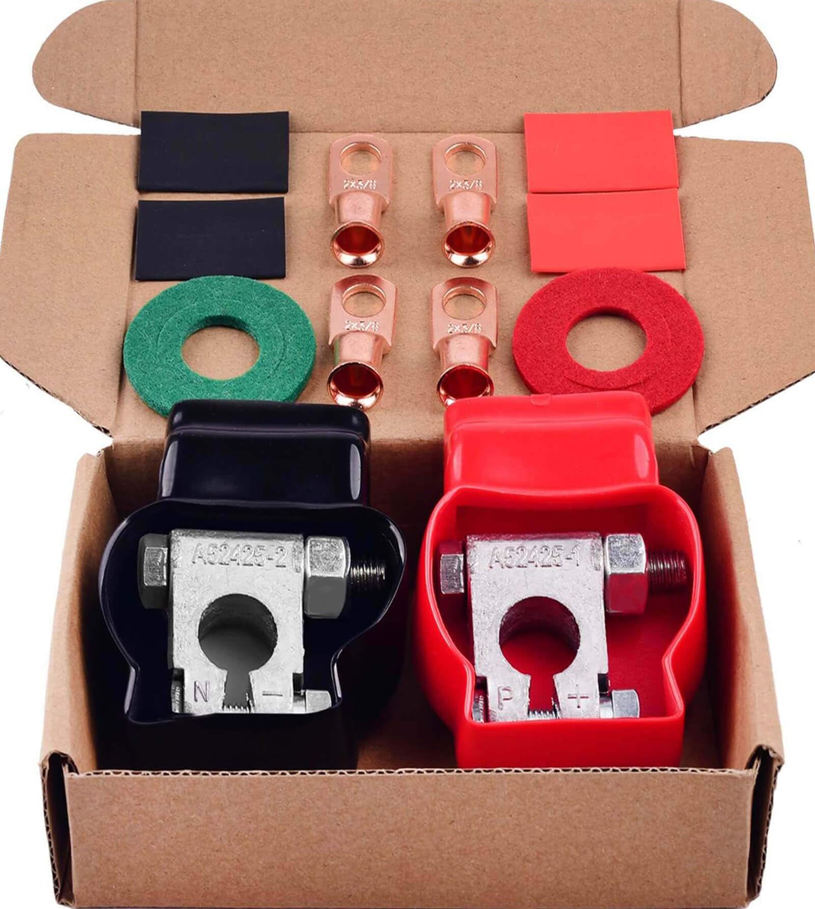 SUNMORN Battery Terminal Connectors, Top Post Military Spec Battery Terminals and Cover Kit, with 4 Pcs 2 Gauge 3/8'' Copper Lug