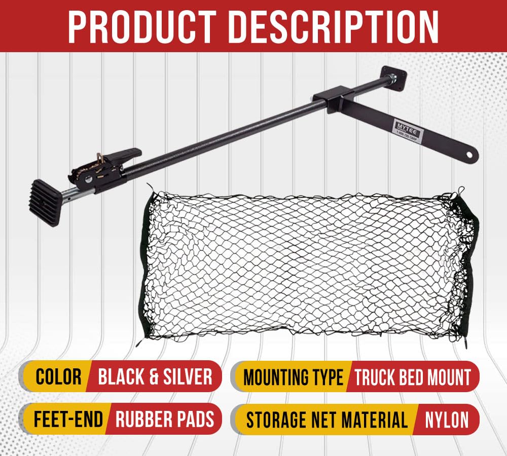 Mytee Products 2 Pack 40''-70'' Adjustable Heavy Duty Cargo Load Lock Bar W/ 16'' Divider Bar & Storage Net For Cargo Tie-Down,