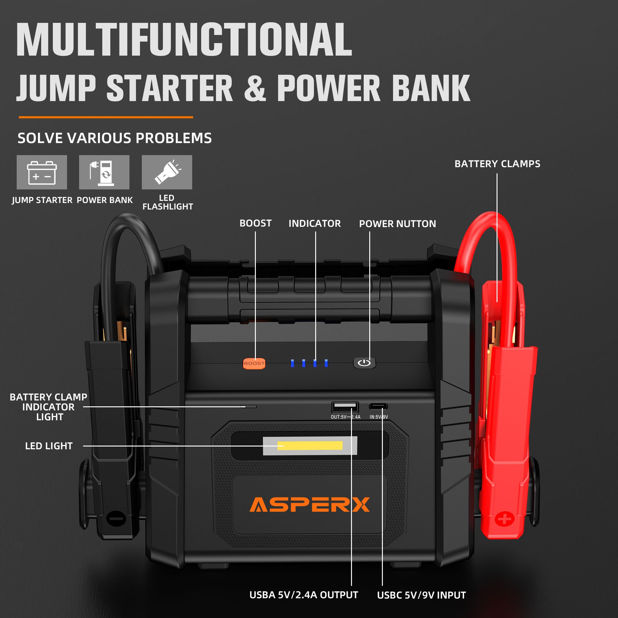 AsperX 6000A Car Jump Starter - Portable 12V Battery Charger with LED Flashlight, Jumper Cables, Model AX6000, Black