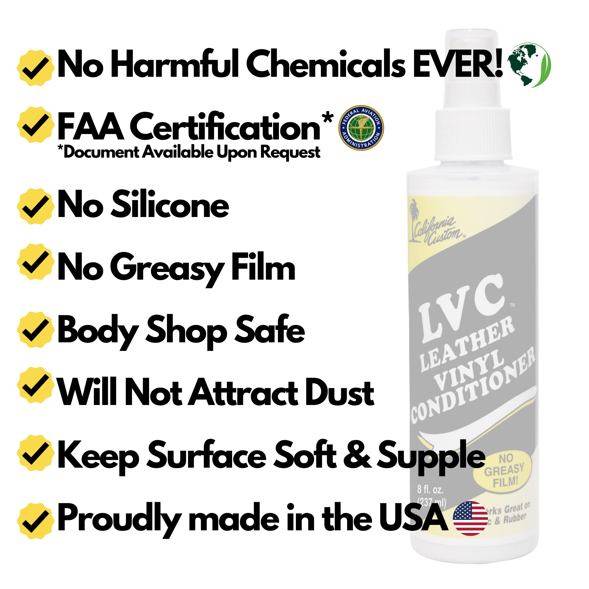 CALIFORNIA CUSTOM Leather Vinyl Conditioner LVC - 8 fl. oz. Protects Leather, Rubber, Plastic & Vinyl from Cracking & Drying. No Greasy Film.