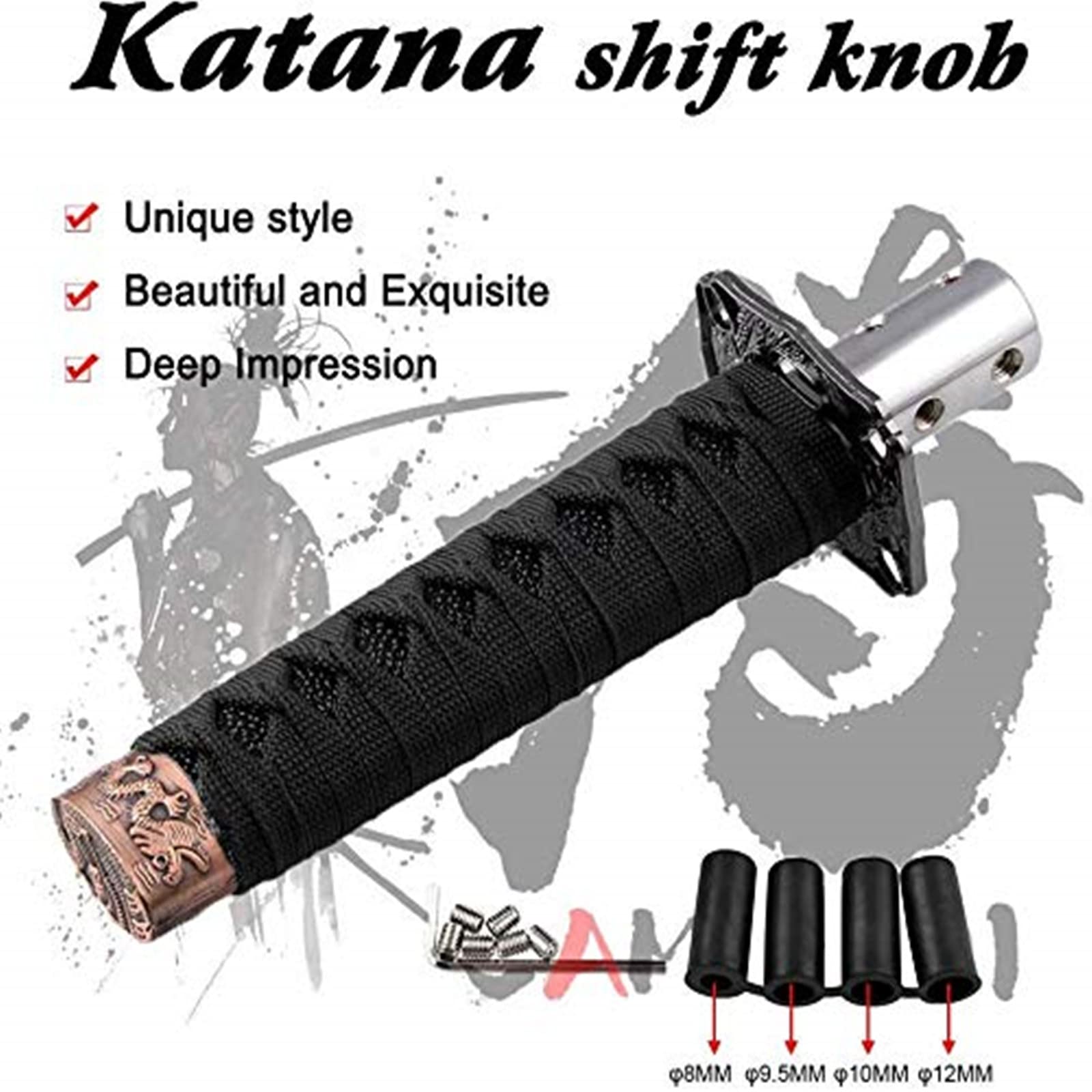 RYANSTAR Universal Gear Shift Knob - Metal Katana Design, Black, Model SK095, Compatible with Manual & Most Automatic Cars