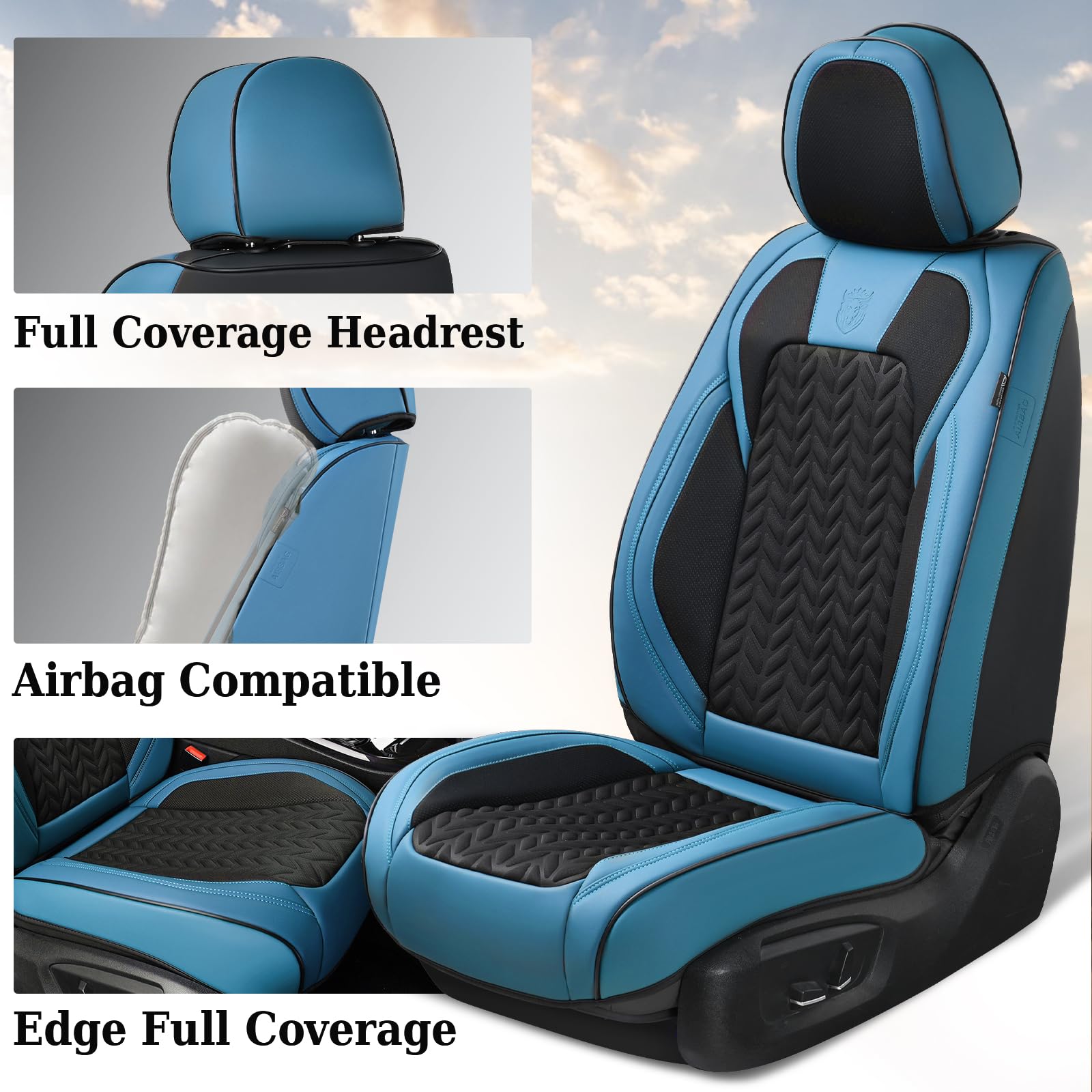 Coverado Faux Leather Seat Covers Full Set, 5 Seats, Universal Fit, Blue, Model 8825