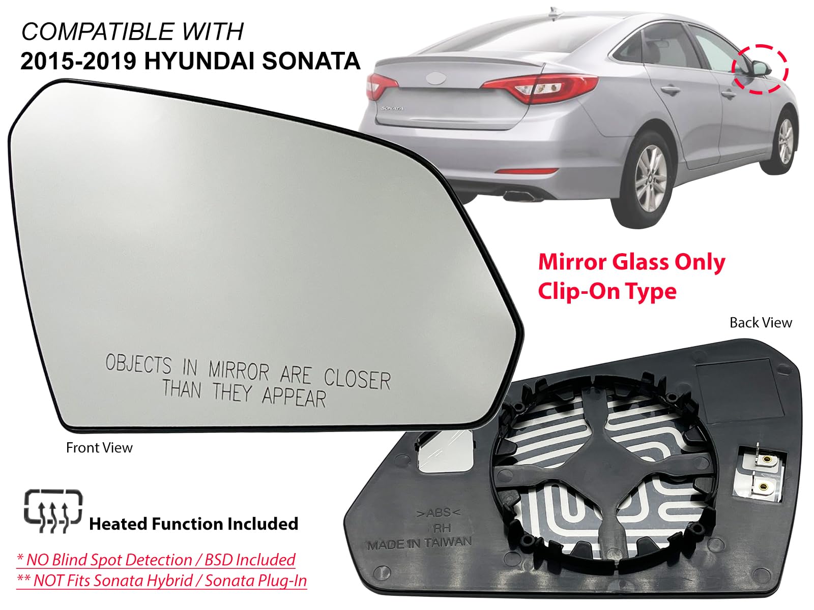 Auto Parts Avenue Heated Rear View Mirror Glass for 2015-2019 Sonata, Passenger Side, Chrome, Model HY1325104