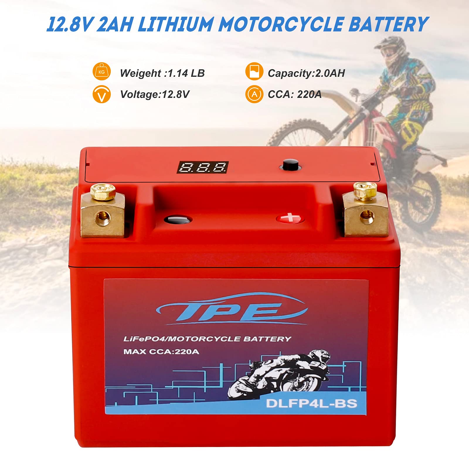 TPE Lithium Motorcycle Battery 12.8V 2AH 220CCA with BMS - YTX4L-BS, 2500-8000 Life Cycles
