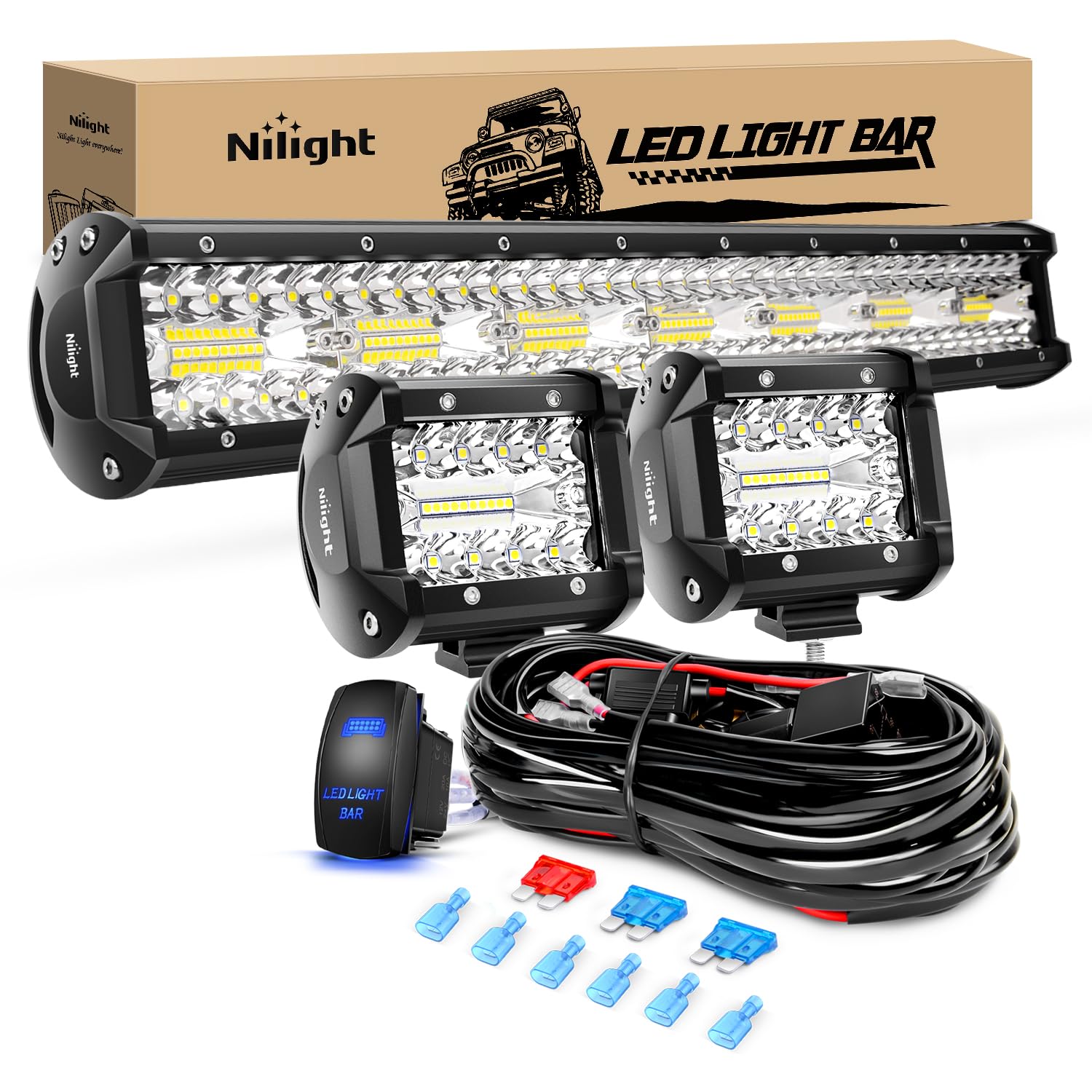Nilight 20 Inch 420W Triple Row Spot Flood Combo 2 Pcs 4 Inch 60W Led Pods Flood Boat Lights Driving Fog Lights Work Light For T