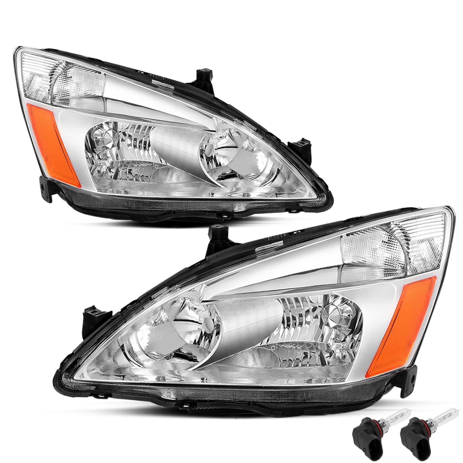 Jsboyat Headlight Assembly Pair For 2003-2007 Honda Accord Halogen Headlamp Chrome Housing With Clear Reflector (Driver & Passen