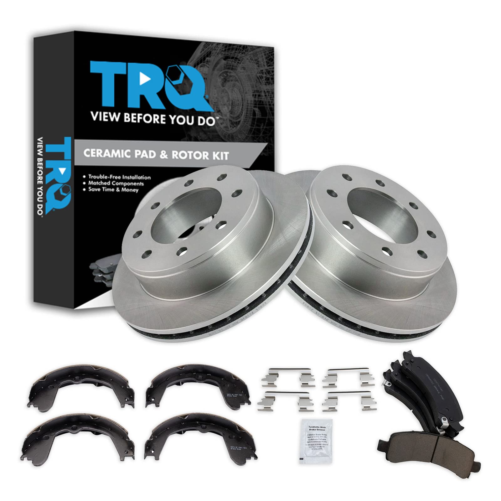 Trq Rear Brake Pad & Rotor Kit Brake Pads Brake Rotor Parking Brake Shoe Set Ceramic Compatible With 2008-2019 Chevrolet Express