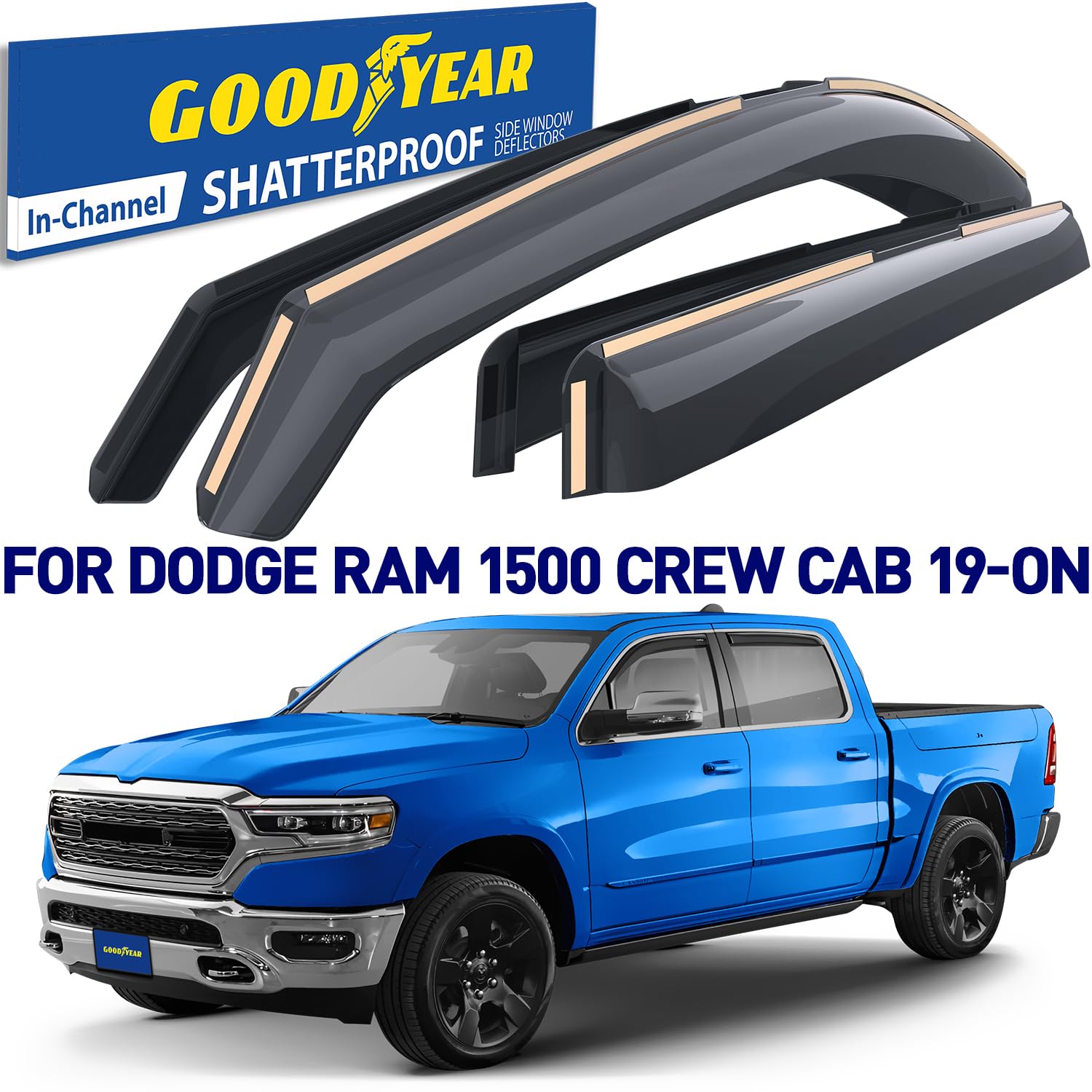 Goodyear Shatterproof In-Channel Window Deflectors for 2019-2023 Dodge RAM 1500 Crew Cab, Premium Smoke, 4 pcs