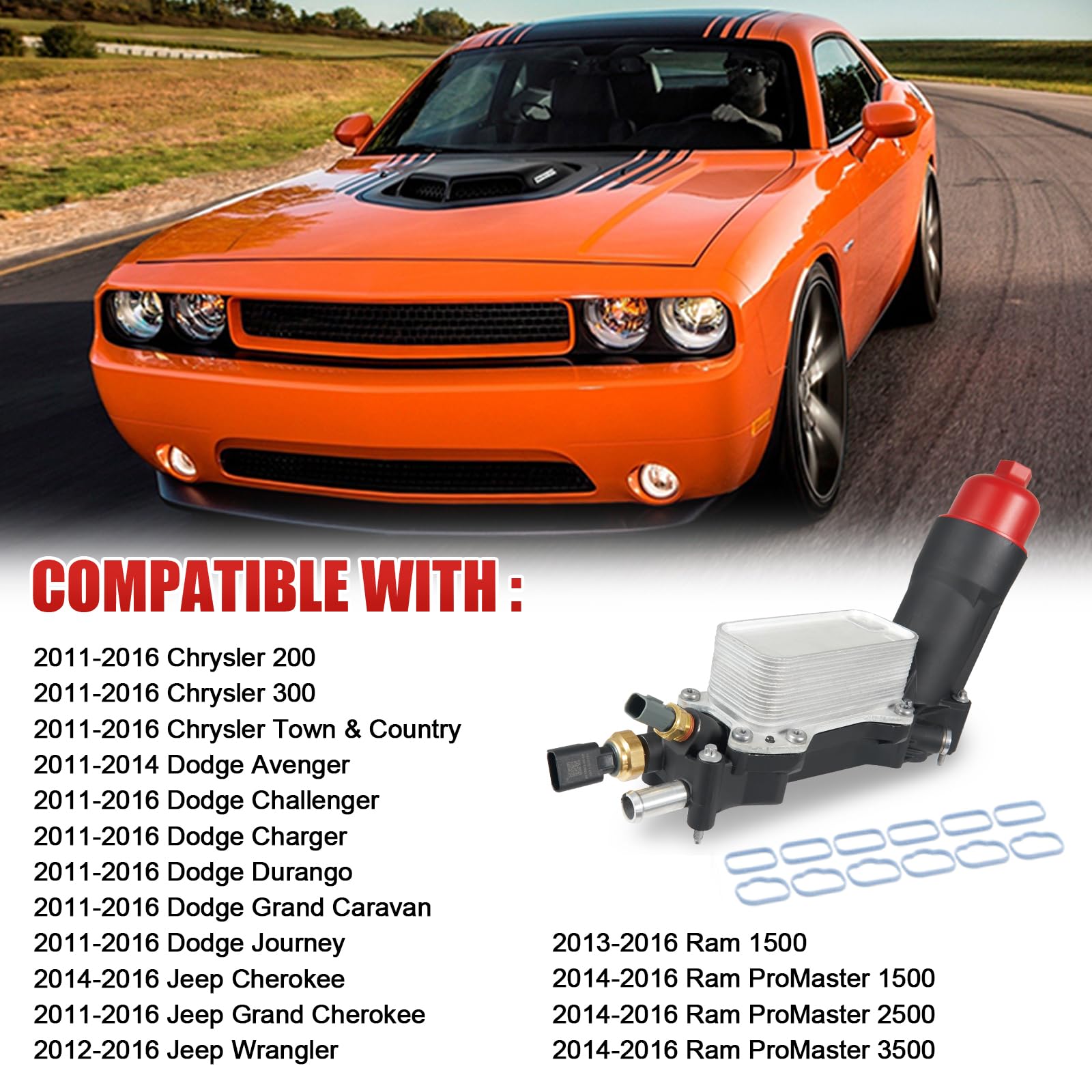 Somusen Aluminum Engine Oil Cooler Filter Housing with Sensors, Gaskets, Compatible with 2011-2016 Chrysler/Dodge Models, Red Cap