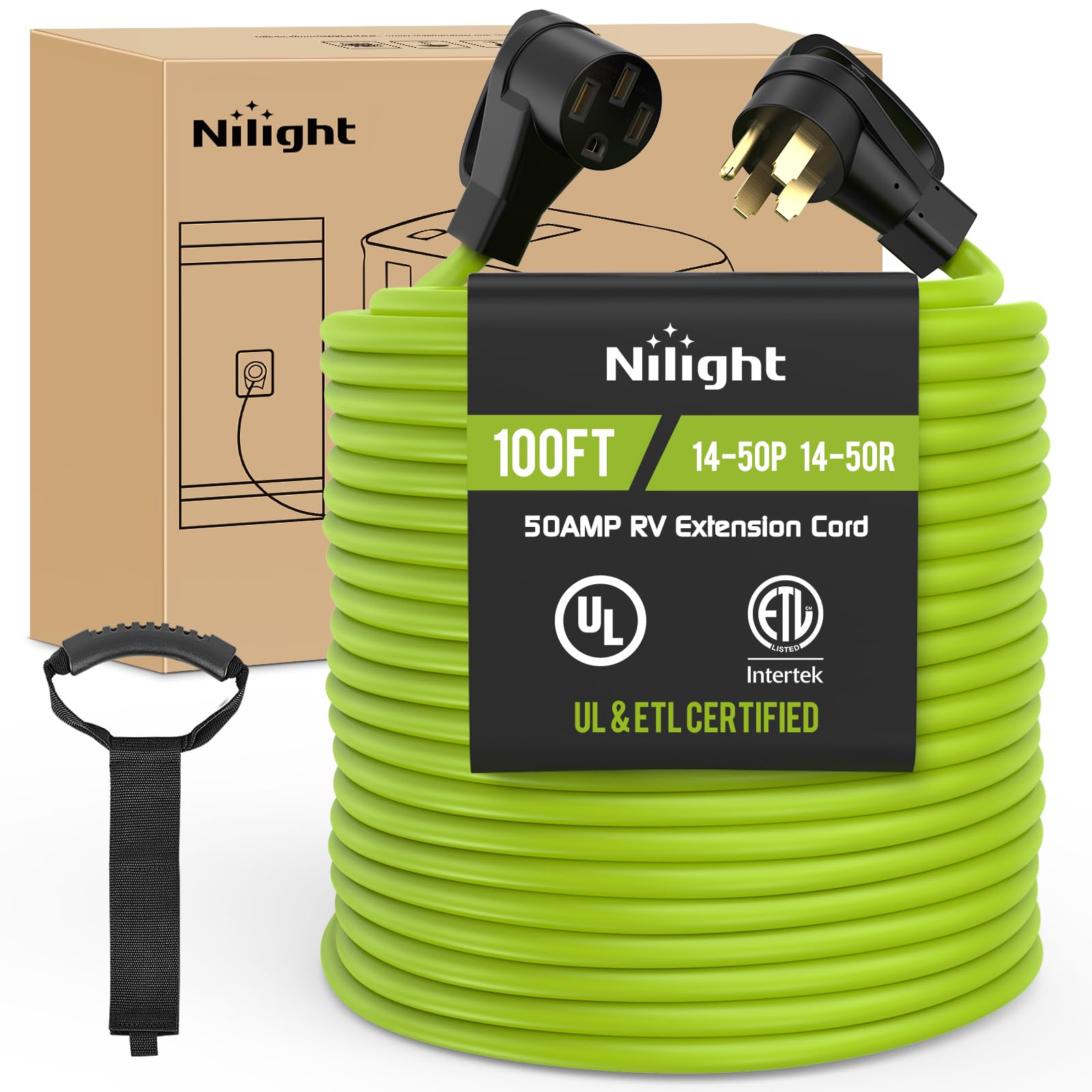 Nilight 100Ft 50 Amp Rv Extension Cord 250V Heavy Duty 6/3+8/1 Gauge Pure Copper Stw Wire Ul Etl Listed 4 Prong 14-50P 14-50R We