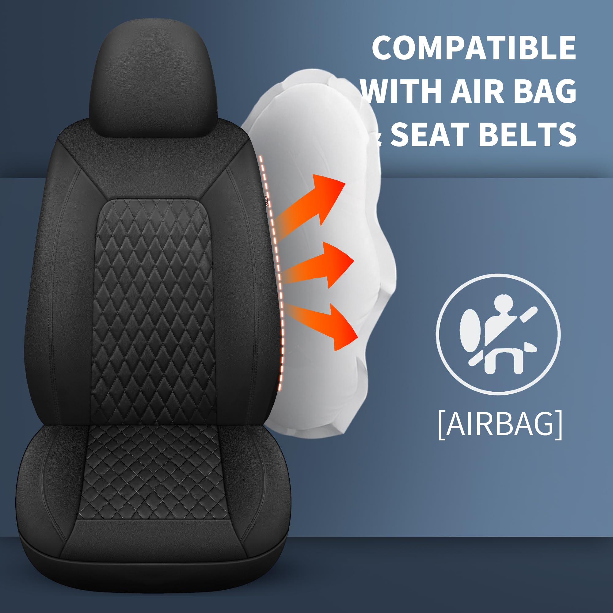 HChengkikz Leather Car Seat Covers Full Set, Breathable & Waterproof, PU, Black, Airbag Compatible for Cars, SUVs, Vans, Trucks