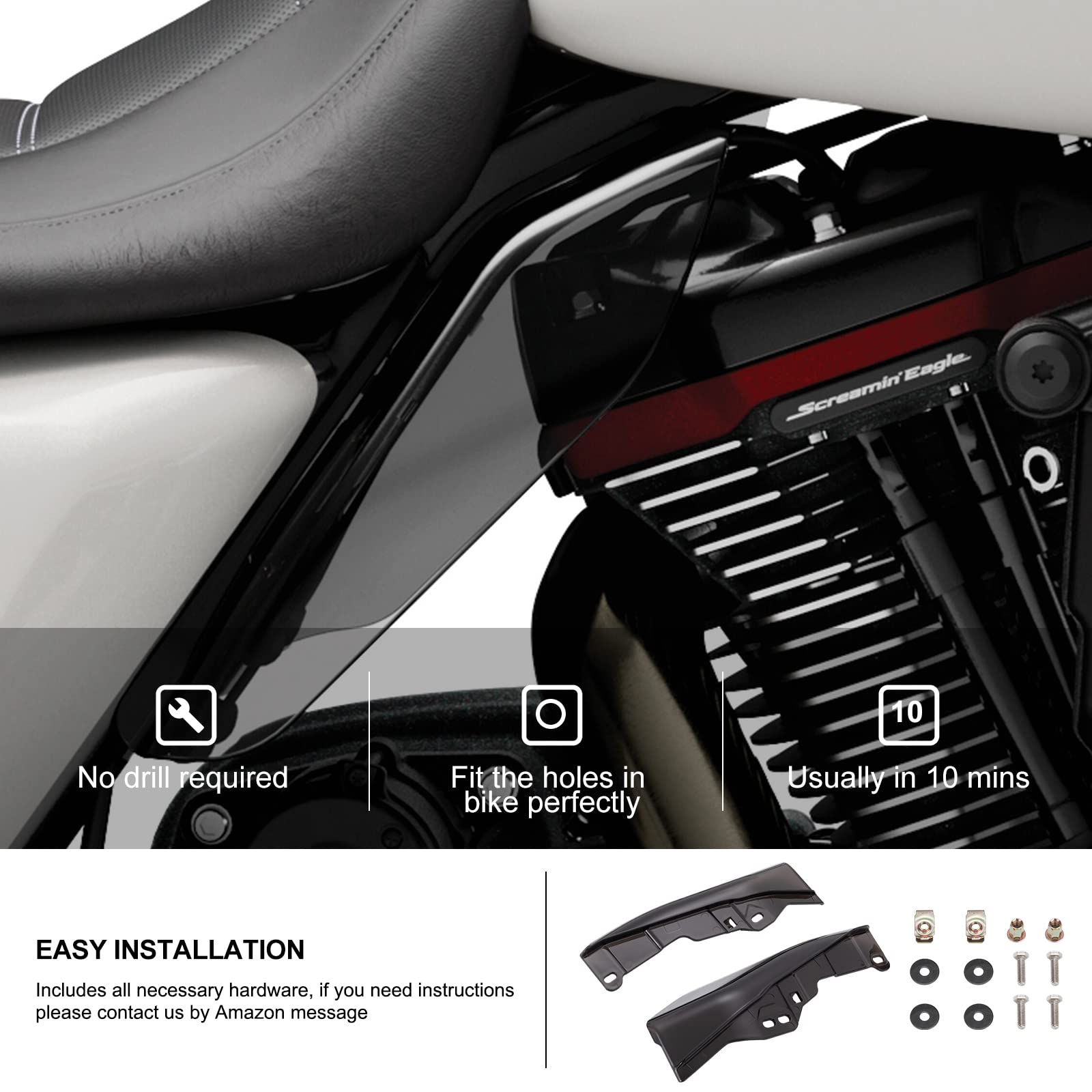 Kiwi Master New Smoked Mid-Frame Air Heat Shield Deflectors Compatible For 2009-2024 Harley Touring/Trick Electra/Street/Tri/Roa