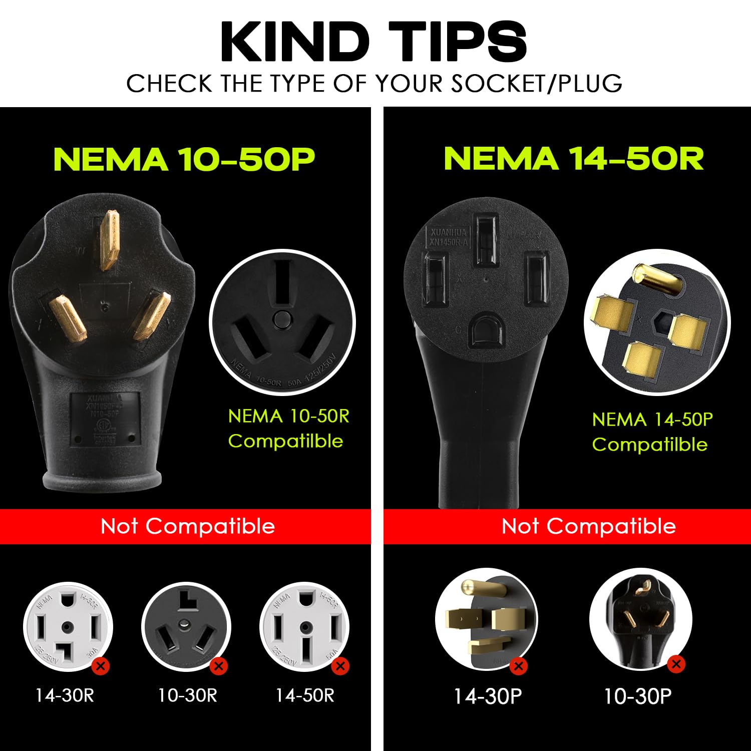 Campzlly EV Charger Adapter Cord, NEMA 10-50P to 14-50R, 50A, Black, STW 6 Gauge, ETL Listed for Level 2