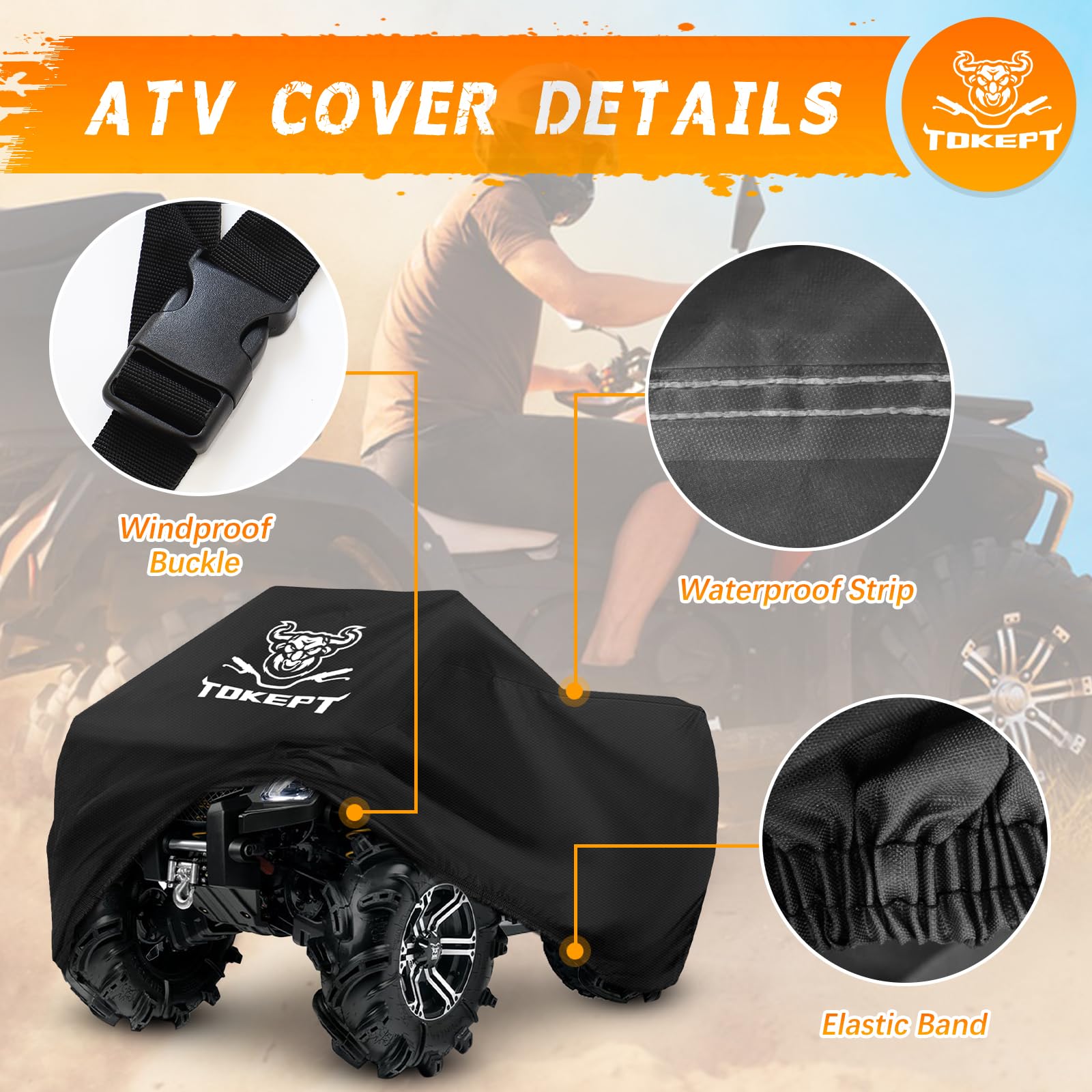 Tokept ATV Cover, Heavy Duty Black Waterproof Oxford Fabric Protective 4 Wheeler Quad Cover for 86'' Kawasaki Honda Polaris Yama