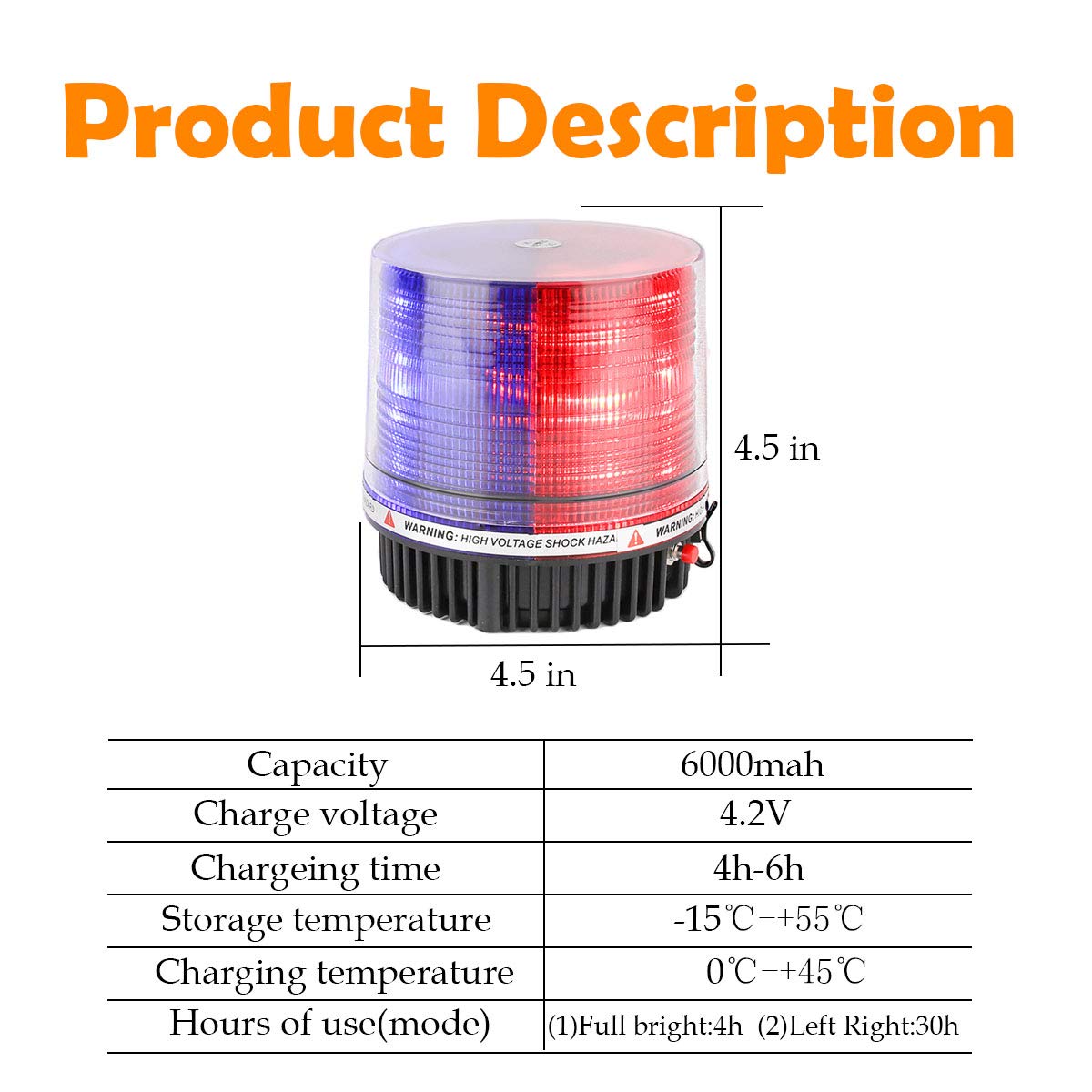 LE-JX Wireless Rotating Beacon Light - Red/Blue 18 LED, Metal, Rechargeable, Magnetic Base, Model US04-2213
