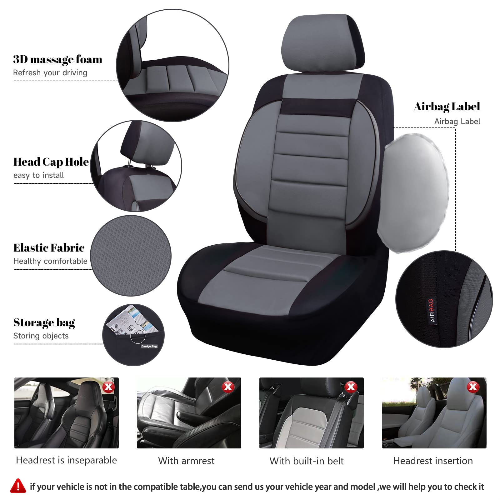 CAR PASS 6PCS Elegance Universal Fit Two Front Car Seat Covers Set ,Foam Back support,Airbag Compatible,Fit for suvs,sedans,cars