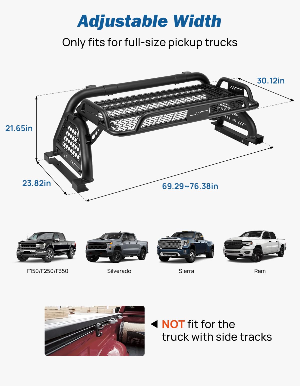 JOYTUTUS Roll Bar with Cargo Basket for Full-Size Trucks - Black Alloy Steel Compatible with F150, F250, Silverado, Ram