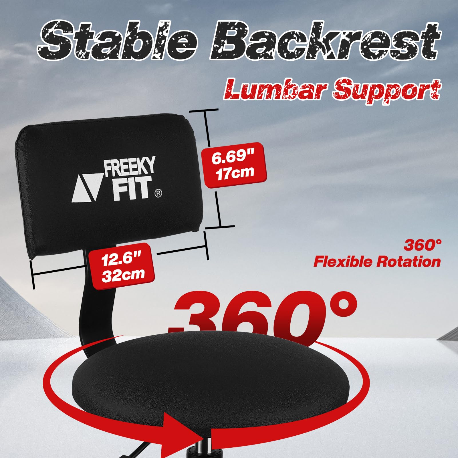 FreekyFit Adjustable Shop Stool with Backrest, Heavy Duty Metal, 300 LBS Capacity, 360° Swivel, Black, Model D05-B, 13.78"W x