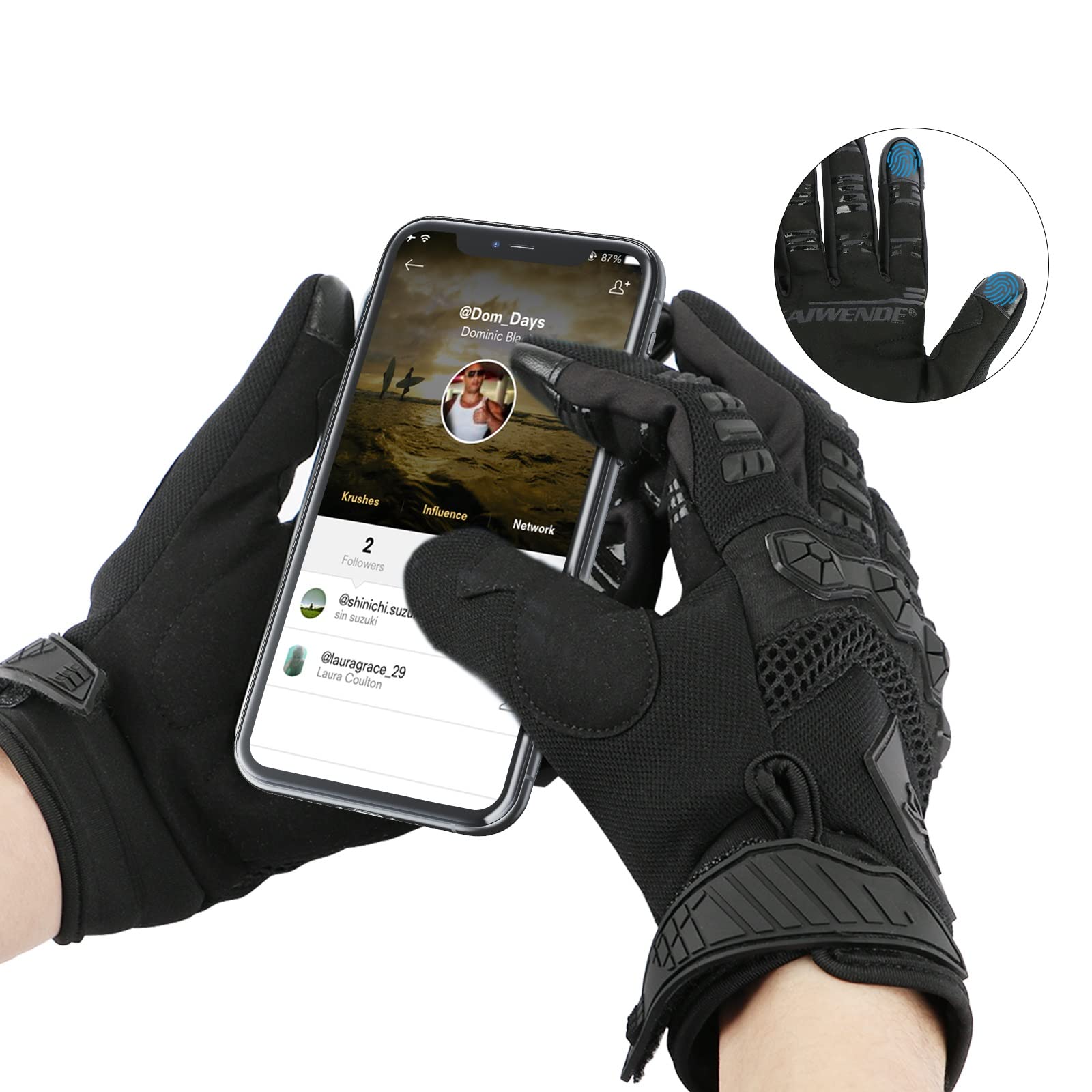 Kaiwende Mens Dirt Bike Riding Gloves -Full Finger Touch-Screen Motocross/Motorcycle Gloves For Bmx Mx Atv Mtb Off-Road Riding (