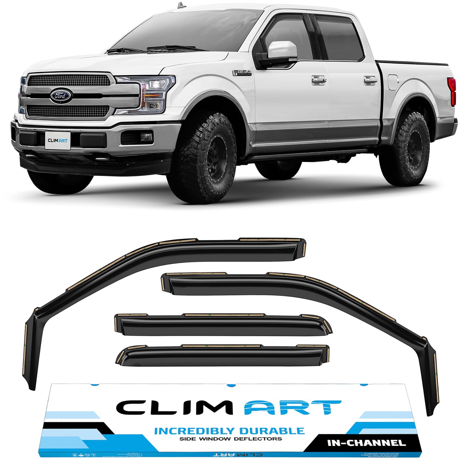 Clim Art In-Channel Incredibly Durable Rain Guards For Ford F150 2015-2020 Supercrew, Original Window Deflectors, Vent Deflector, Vent Window Visors, Dark Smoke Truck Accessories, 4 Pcs- 615010Lp