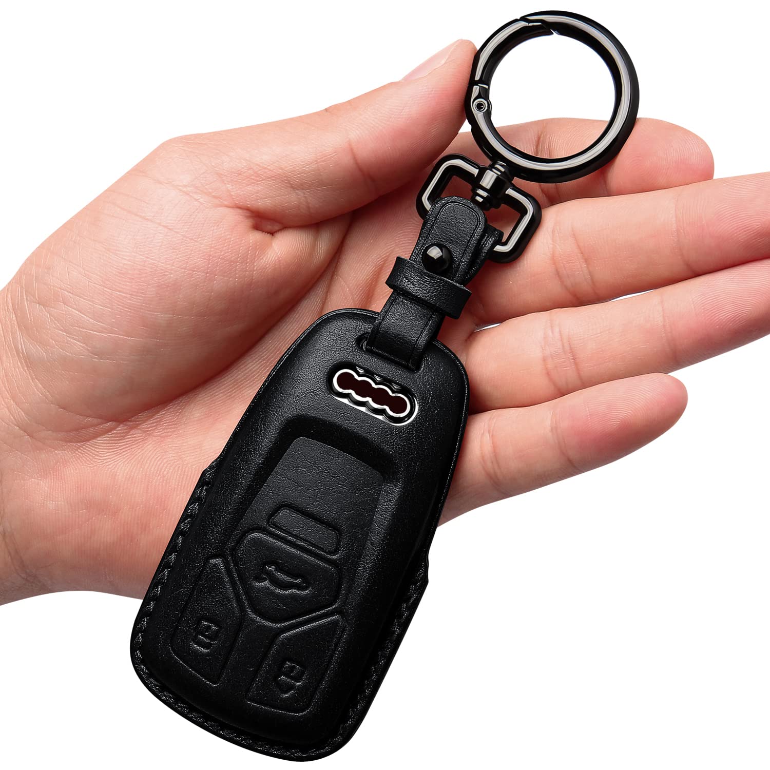 Tukellen Leather Key Fob Cover for Audi A4 Q5 Q7 TT A6 R8 S5 - Black, Genuine Leather with Keychain