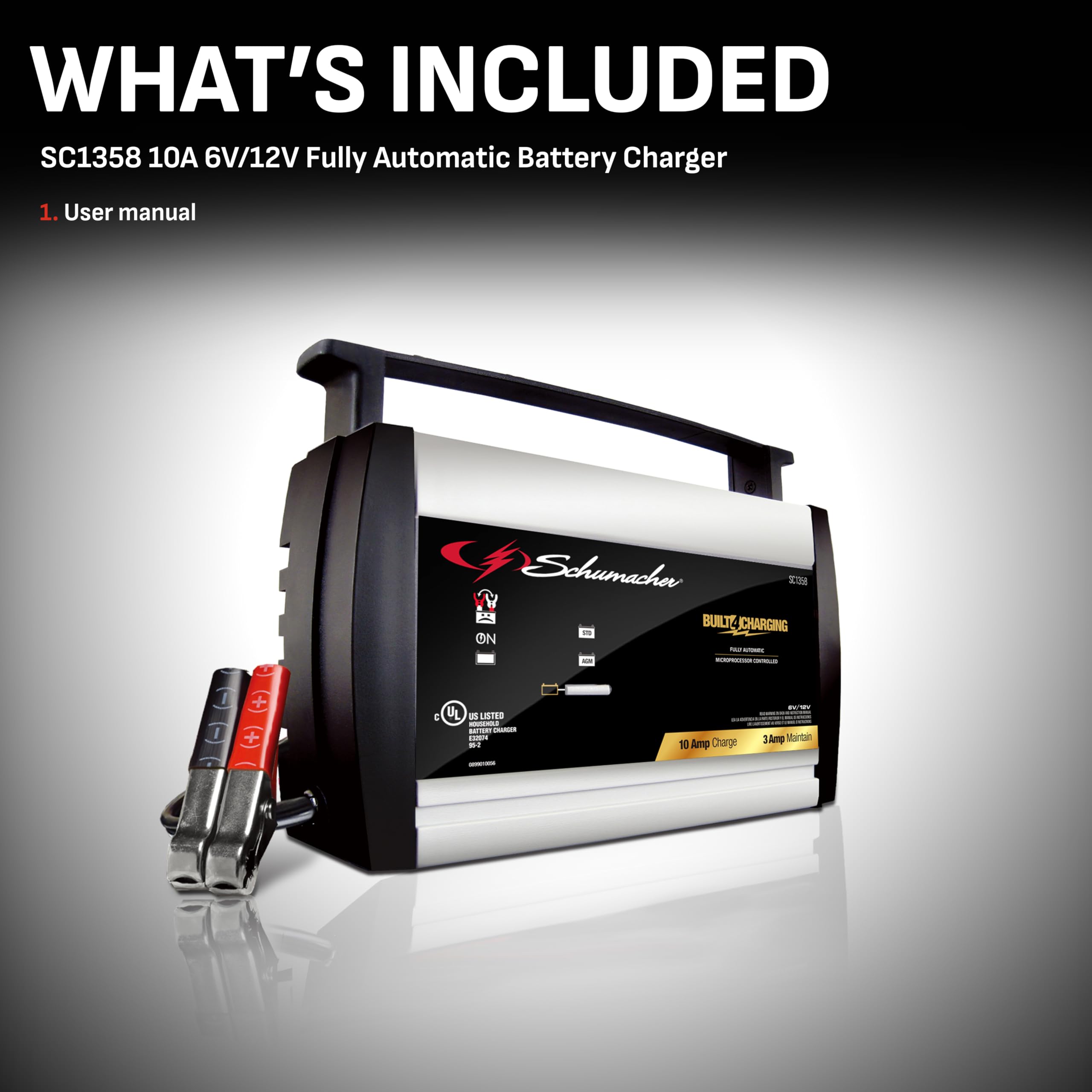 Schumacher Electric SC1358 3-in-1 Battery Charger & Maintainer, 10A, 6V/12V, Black for Motorcycle, Car, Lawn Tractor, Marine Batteries