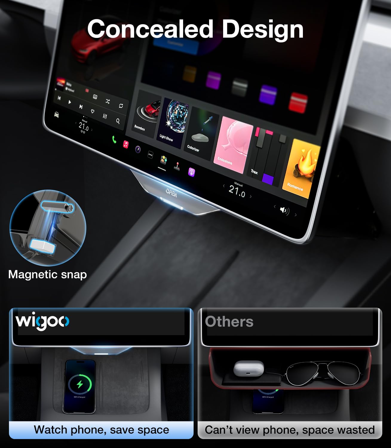 Wigoo Tesla Model Y Under Screen Storage Box - Black ABS Organizer Tray (2019-2026) with Hidden Design & Stable Installation