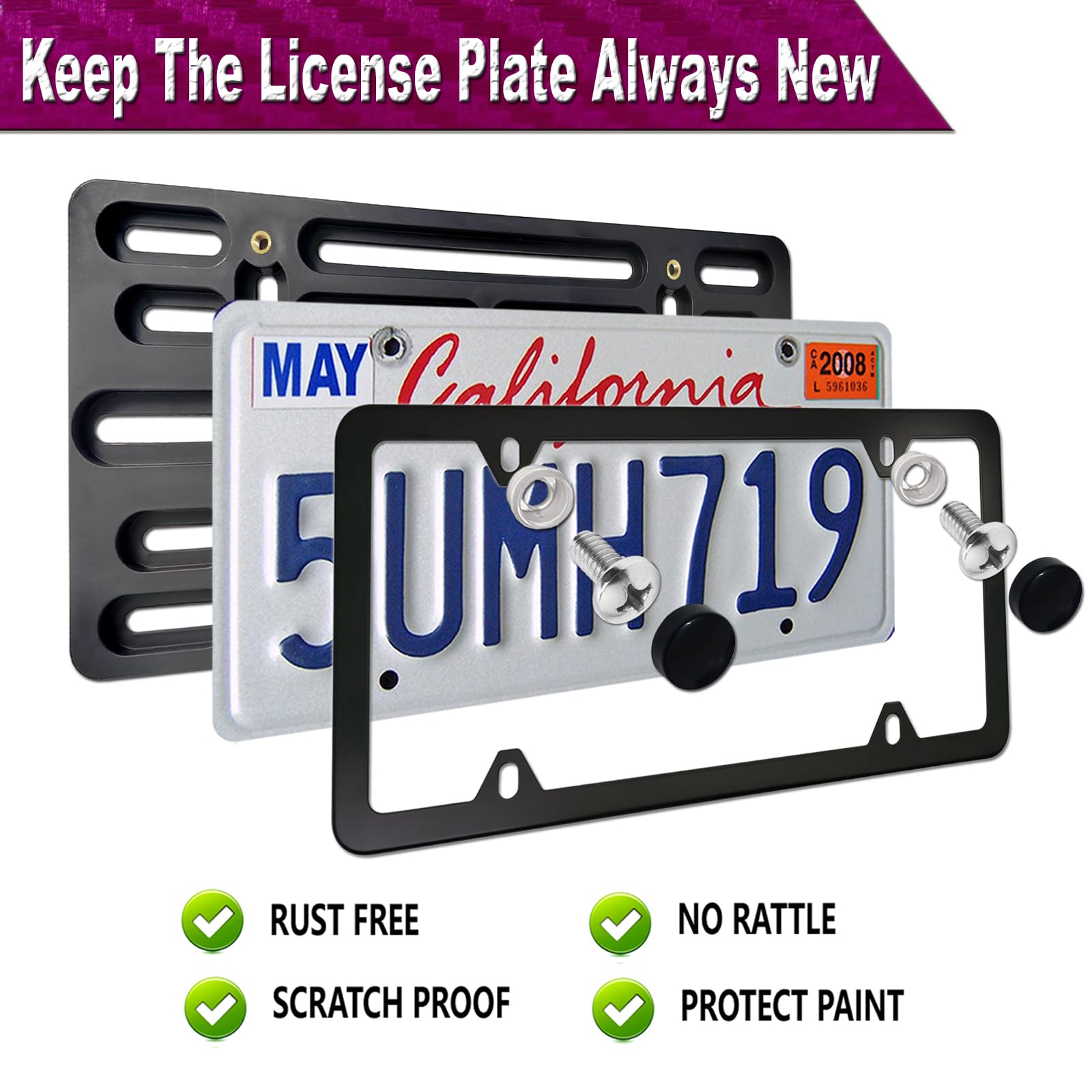 Zxfoog Front License Plate Mounting Kit- Bumper License Plate Bracket Holder & Matte Black Aluminum Tag Frame Cover, Universal 2 Drill Hole Adapter For Car/Truck/Trailer