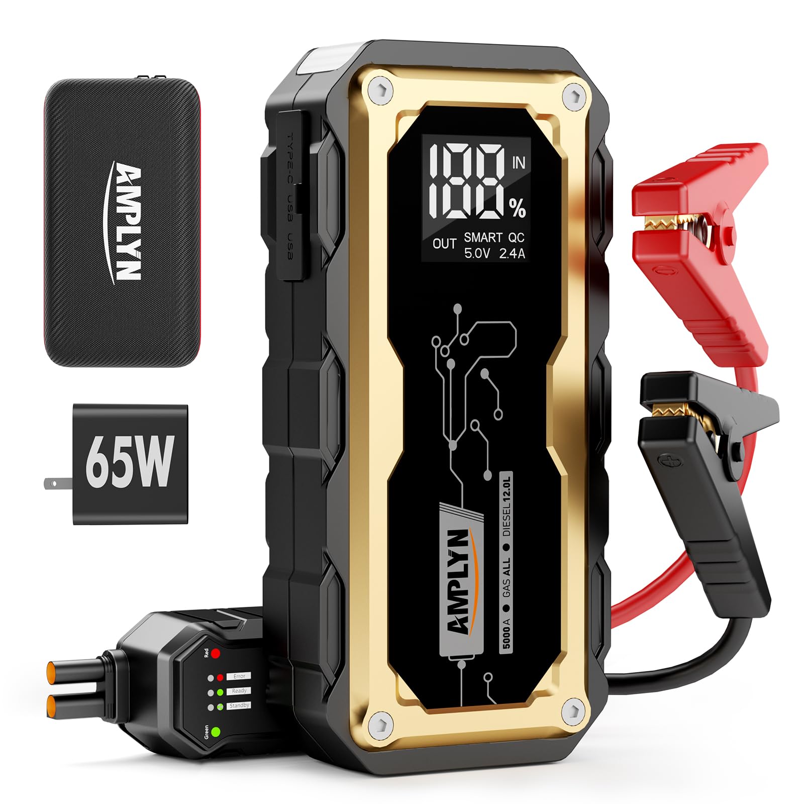 Car Jump Starter with 65W Quick Charger 24000mAh Battery Pack,12V Car Battery Jumper Starter Portable,LED Display,All Gas 12L Di