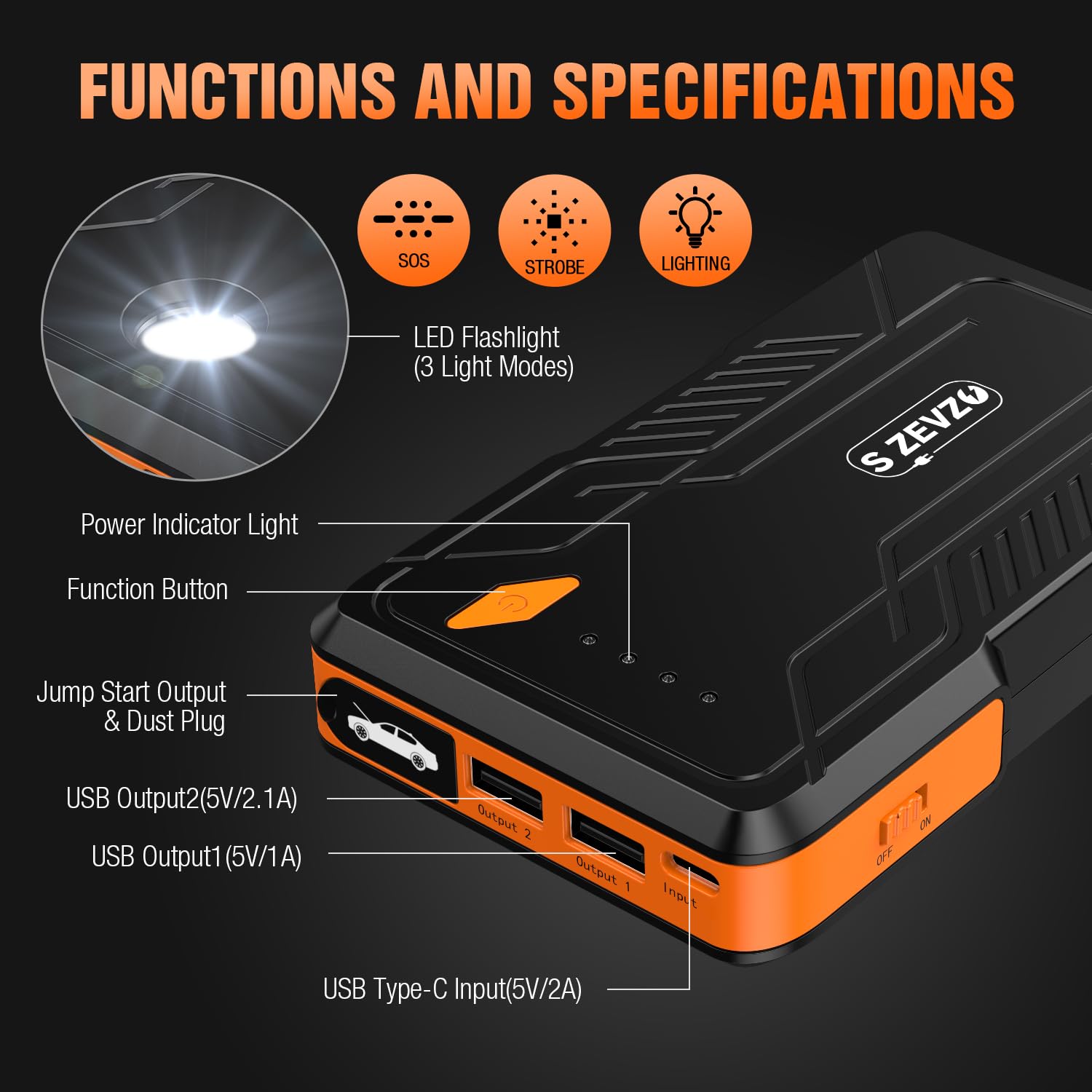 S Zevzo Jump Starter 1000A Peak Portable Jump Starter For Car (Up To 7.0L Gas/5.5L Diesel Engine) 12V Auto Battery Booster Pack