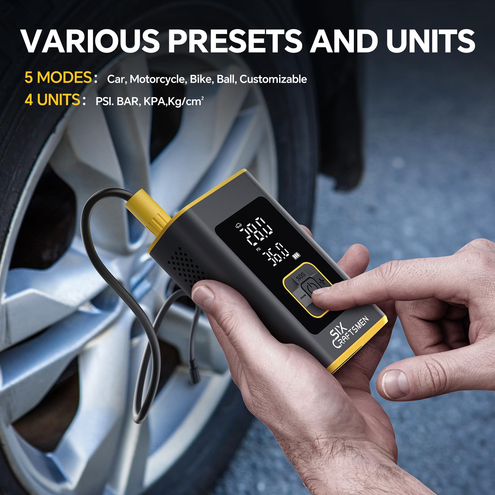 Six Craftsmen Tire Inflator Portable Air Compressor,Powerful 150PSI&4000mAh Cordless Mini Bike Air Pump For Auto, Car Tire Pump