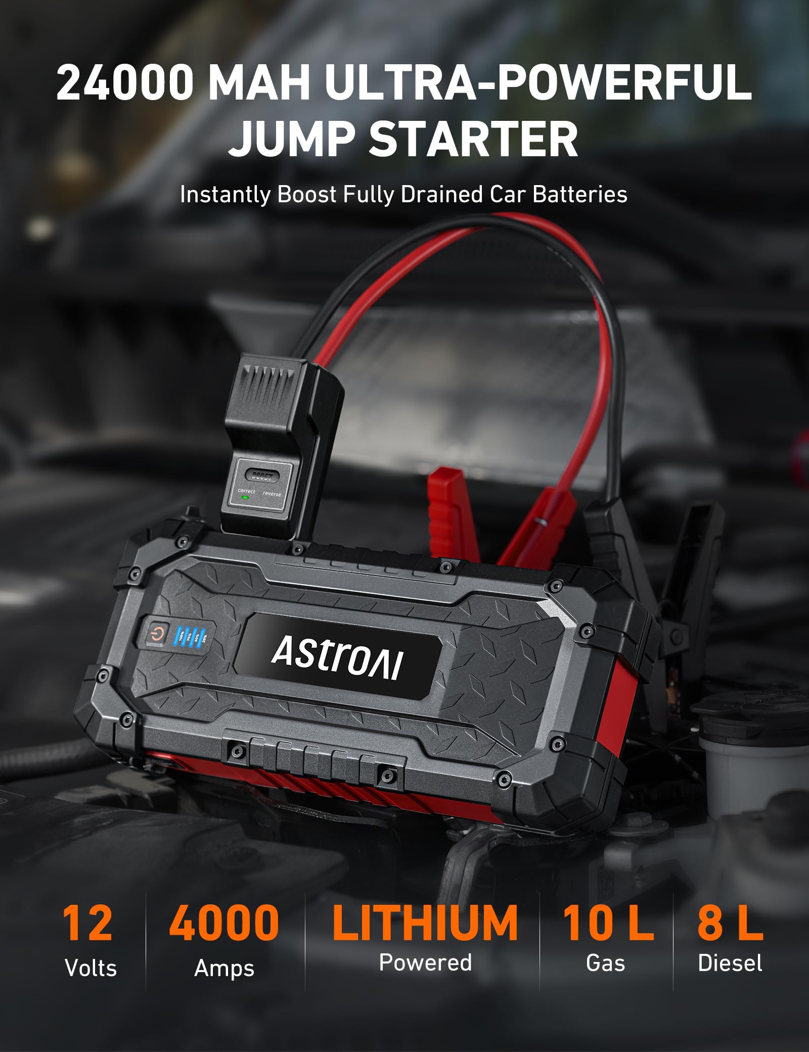 AstroAI S8 Ultra 4000A Peak Jump Starter - 24000mAh Portable Battery Pack, Rugged Design, Red, for All Gas/12L Diesel Engines