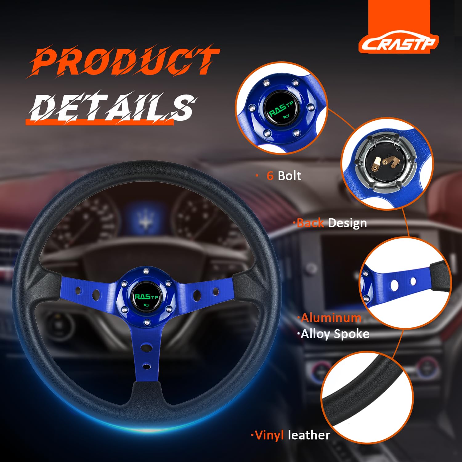 RASTP Universal Racing Steering Wheel 13.8" Blue Vinyl Leather & Aluminum, Drifting Deep Dish, Model RS-STW020-TP-Blue