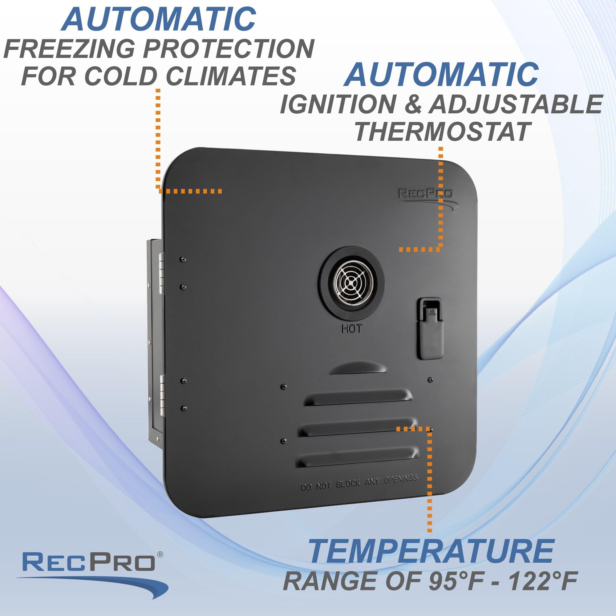 RecPro RV Tankless Hot Water Heater - 42,000 BTU, Gas, Remote Control, 18" x 18", Black, Model RP-1057-42BTU