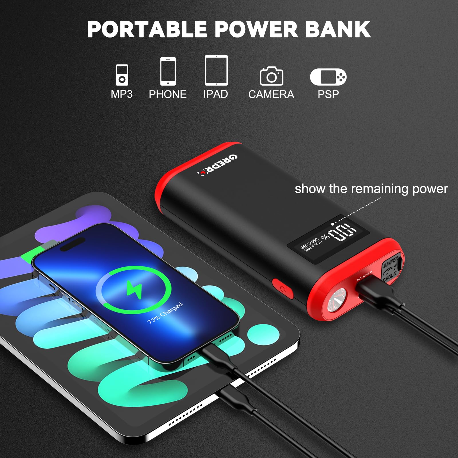 GREPRO Car Battery Jump Starter 3000A for 10L Gas & 8.0L Diesel, Portable 12V Jumper Box with LCD Display, Red, Model GP196 Pro
